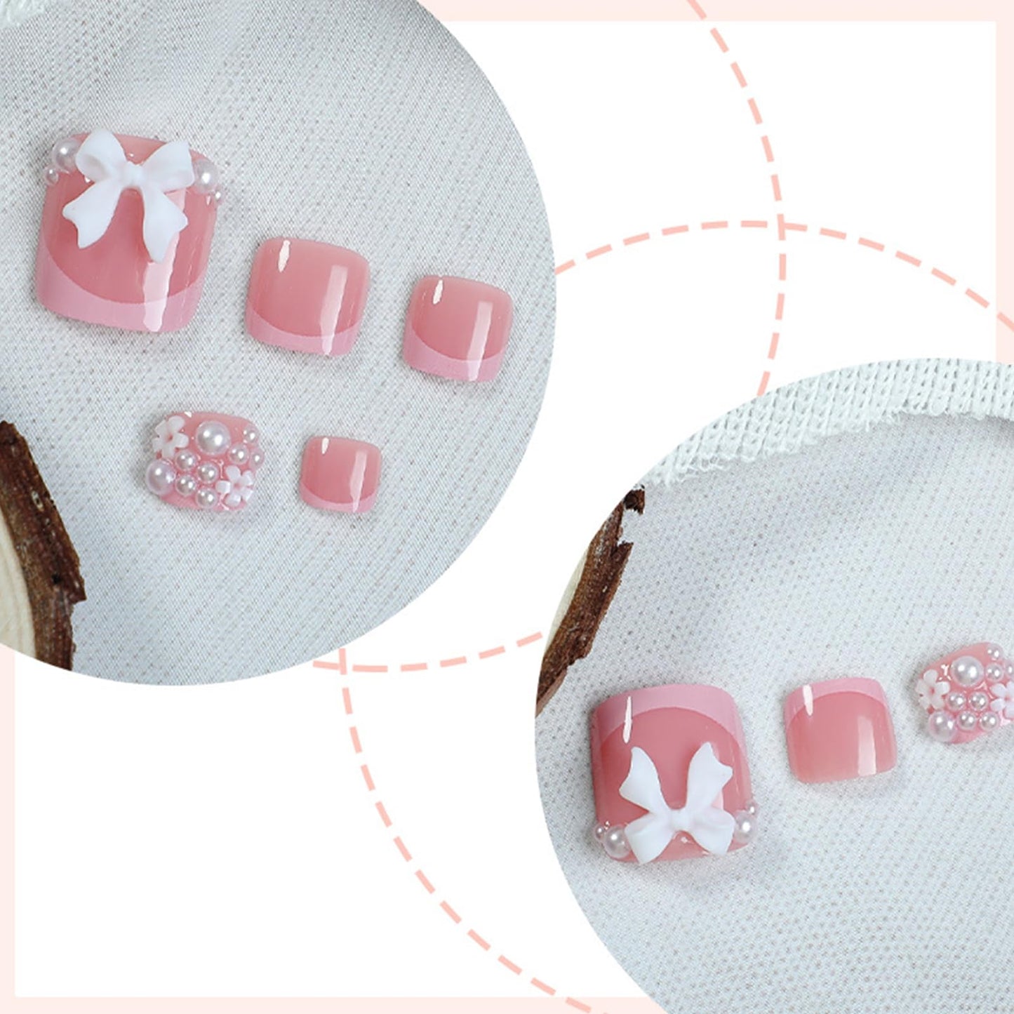 IMRAIN Pink Press on Toe Nails Square French Tips Fake Toenails Short Glossy Acrylic False Toenails with Bow & Pearl Designs Full Cover Glue on Nails for Women 24Pcs