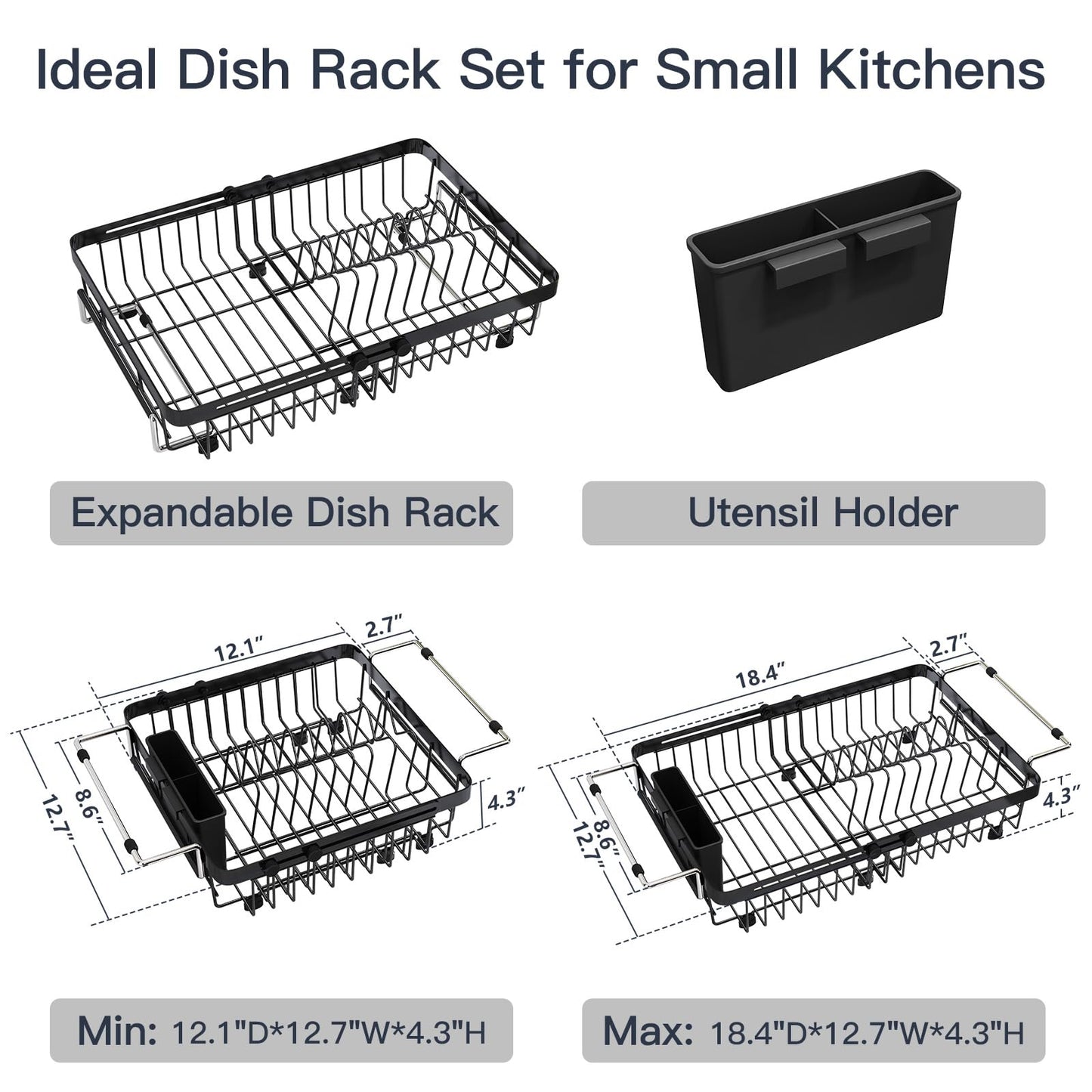 MAJALiS Expandable Stainless Steel Over The Sink Dish Drying Rack for Small Kitchen Counter Space Saving, Compact RV Plate Drainer Strainer in Black Wire Metal with Hanging Adjustable Utensil Holder