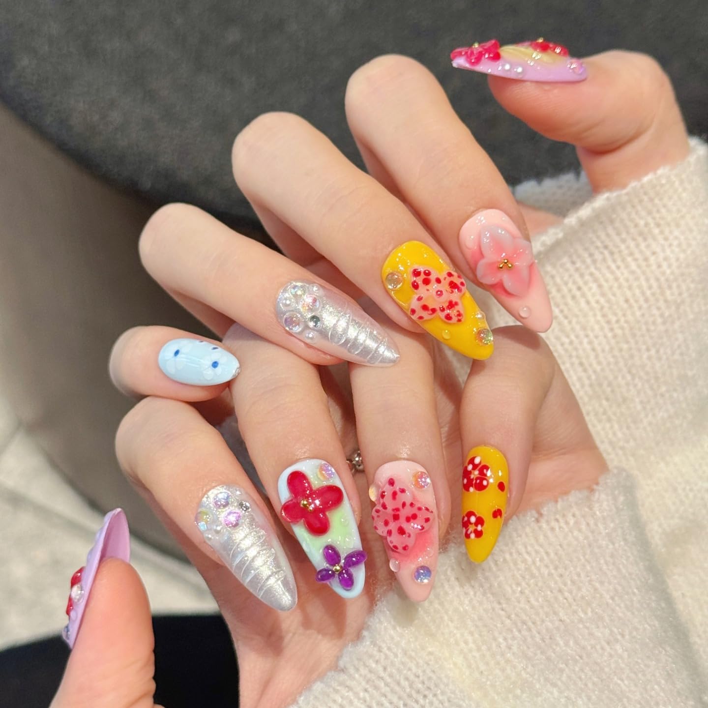 Yacey 3D Tropical Floral Handmade Press on Nails, Medium Almond Reusable False Nails Press Ons, Colorful Luxury Thick Acrylic Fake Nails, Bling Glue on Nails for Women Girls (10 Pcs, M)