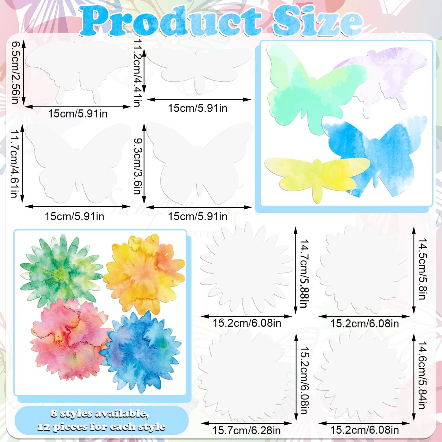 Tinlade 96 Pcs Color Diffusion Paper Spring 6'' Butterfly Flower Shapes Diffusing Tissue Papers Set Back to School 8 Shape Watercolor DIY Painting Craft for Classroom Art Project Supplies Party Favor