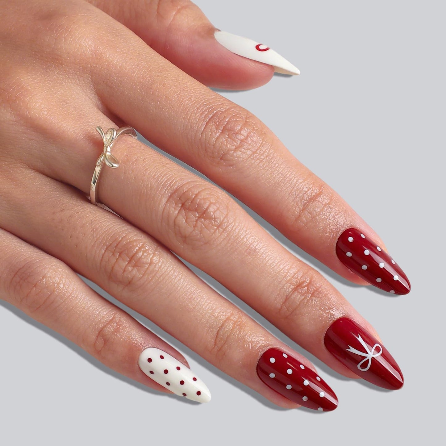 Red and White Medium Press on Nails - Polka Dot and Bow Design, SHANGMENG Soft Gel Almond Nails for Women, Glue on Nails in 16 Sizes - 32 Reusable Fake Nails Kit with Glue, Red & White Variation