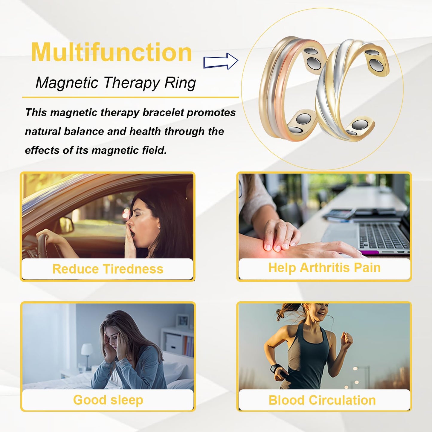 EnerMagiX Copper Rings for Women, 2pcs Set Pure Copper Adjustable Magnetic Three-Color Gold Ring, Copper Jewelry(0013-0949)