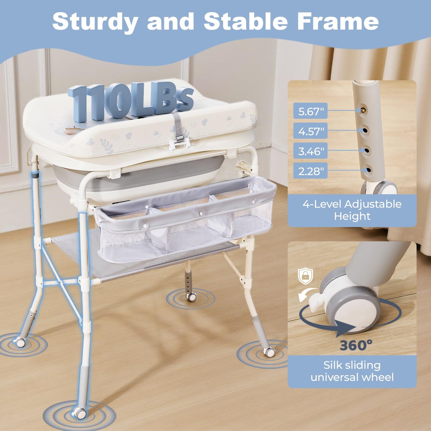 DZMDIP Baby Bathtub with Foldable Changing Table, Standing Infant Bath Tub for Newborn Toddler Shower, Portable Diaper Changing Station with Stand