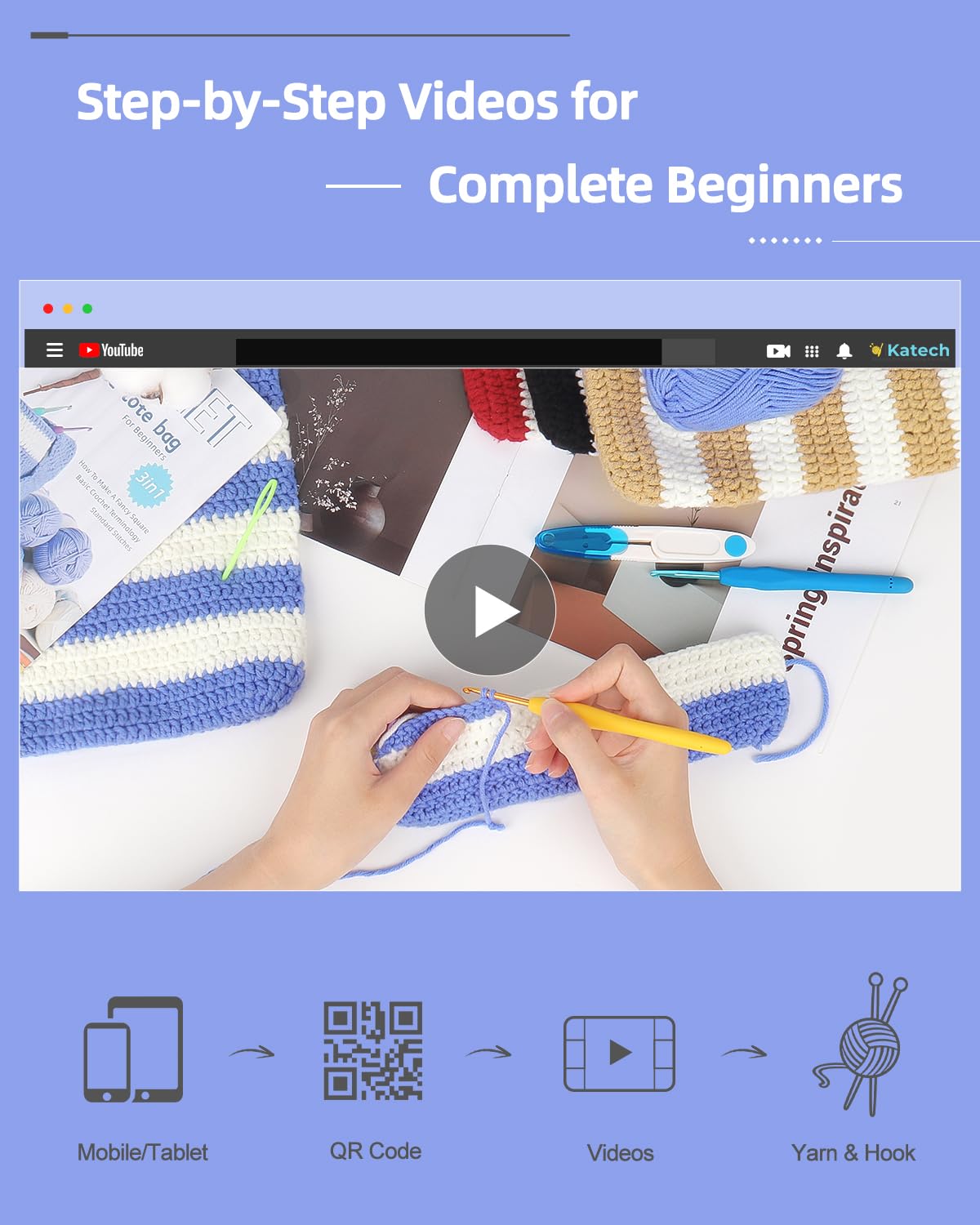 Katech Crochet Kit for Beginners, Striped Tote Bag Crochets Set Includes Yarn Crochet Hooks, Complete Crochets Step-by-Step Guide Needles Accessories Adults Crocheted Starter Kit Crocheter Gift