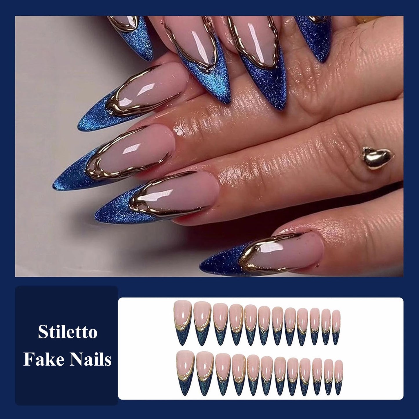 MISUD Press on Nails - Long Stiletto Fake Nails with Blue Cat Eye, Acrylic Gold Chrome Design 24 pcs