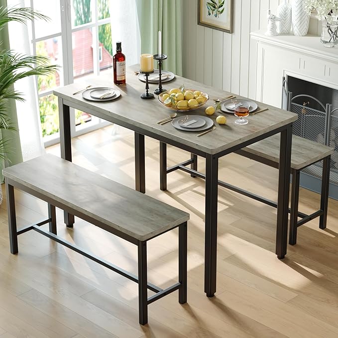 Tatub Dining Table Set for 4, 3-Piece Kitchen Table with 2 Benches, Space-Saving Dining Room Set for Breakfast Nook and Small Spaces, Grey