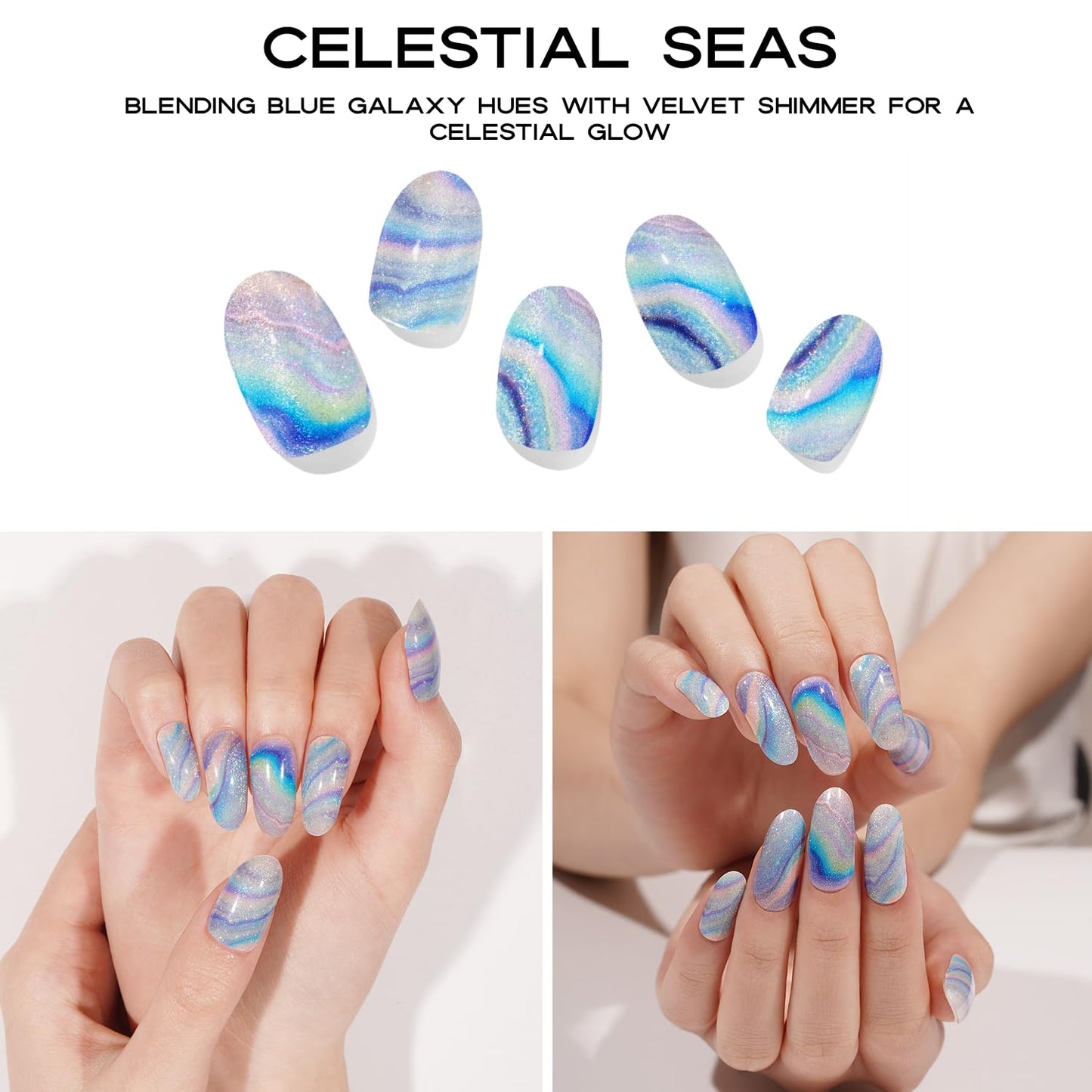 Adora Couture Semi Cured Gel Nail Strips with 20 Pieces - UV Gel Stickers, Manicure Kit, Easy Application Wraps Includes Prep Pads, Nail File, Wooden Stick - UV Light Required (Blue Sea)