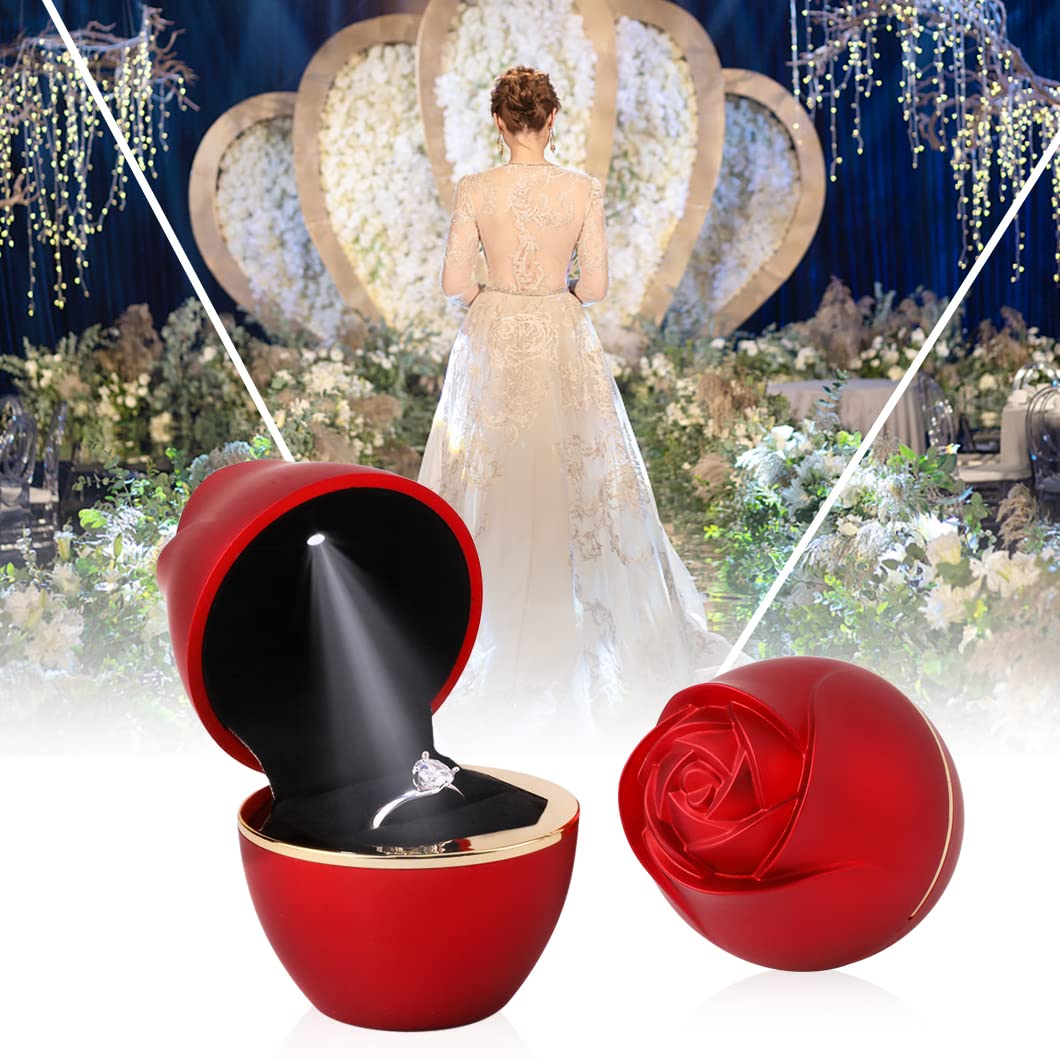 Rolin Roly Red Ring Box with LED Light Rose Jewelry Ring Case Jewellry Display Gift Boxes for Mother's Day Wedding Ring Box Ceremony Engagement Proposal Anniversary