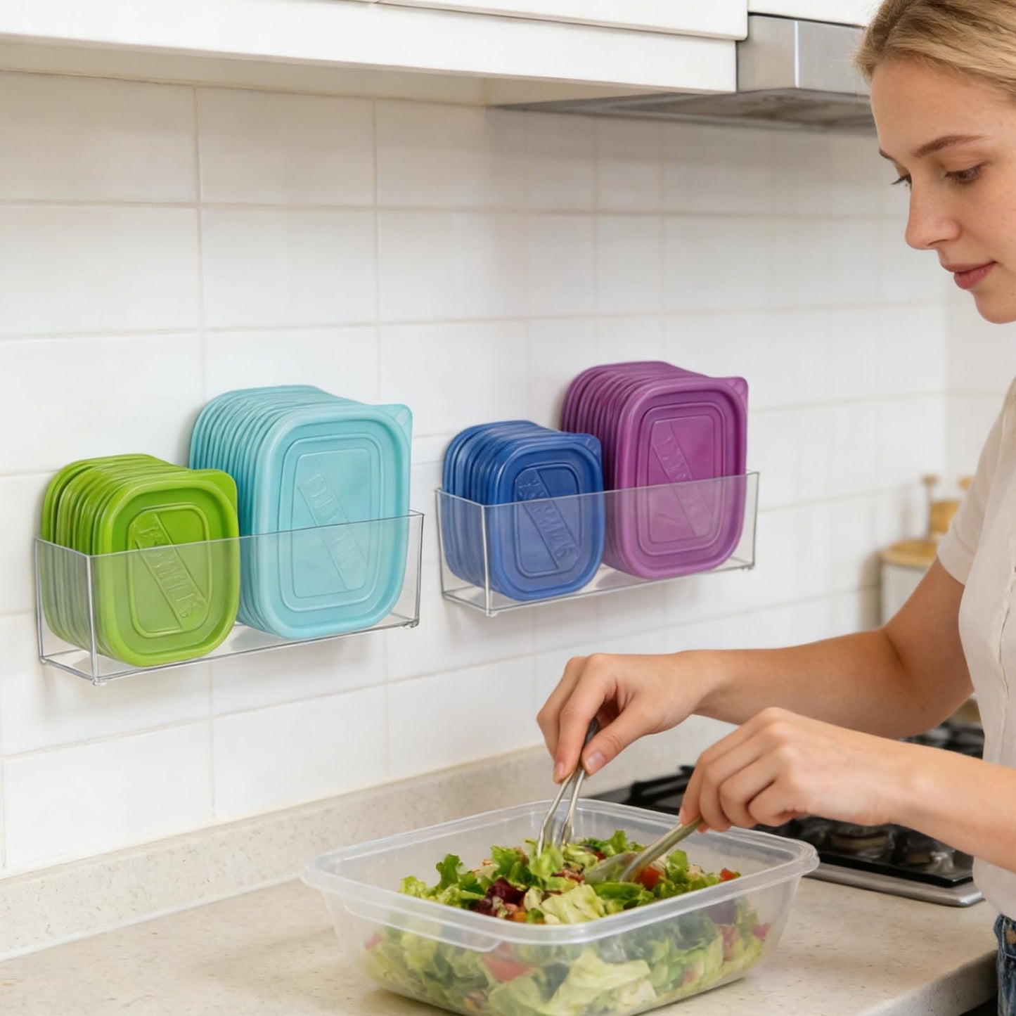 Rainmae 2 Pack Kitchen Cabinet Door Organizer, Lid Organizer Inside Cabinet Wall Mounted Plastic Storage Box Stackable Under Sink Lunchbox Lid Container for Kitchen Bathroom Office Organization