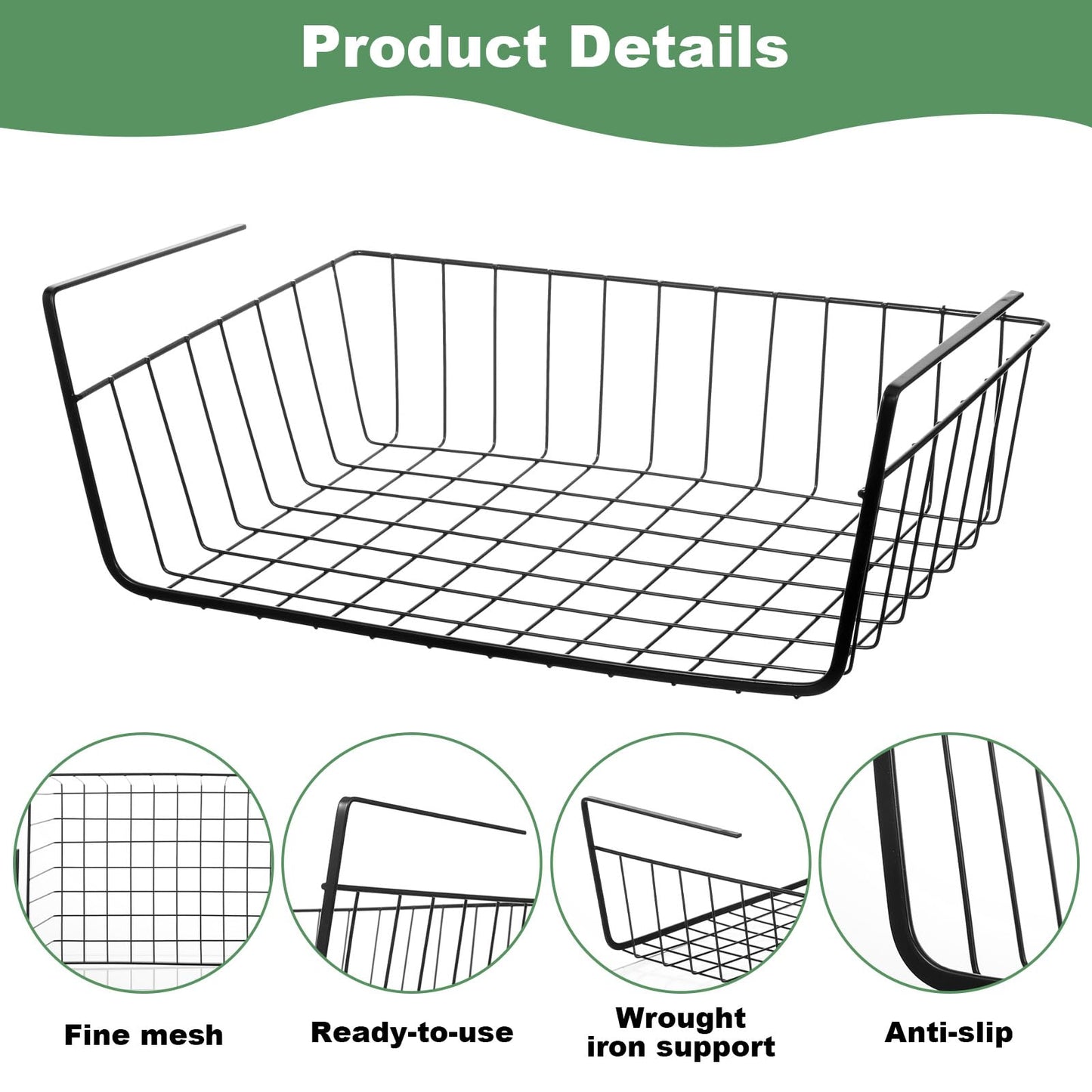 6 Pcs Undershelf Storage Basket Under Shelf Wire Basket Household Metal Under Shelf Hanging Storage Bin Basket Slides Under Shelves for Kitchen Pantry Bookshelf - 14.2" D x 9.1" W x 5.5" H, Black