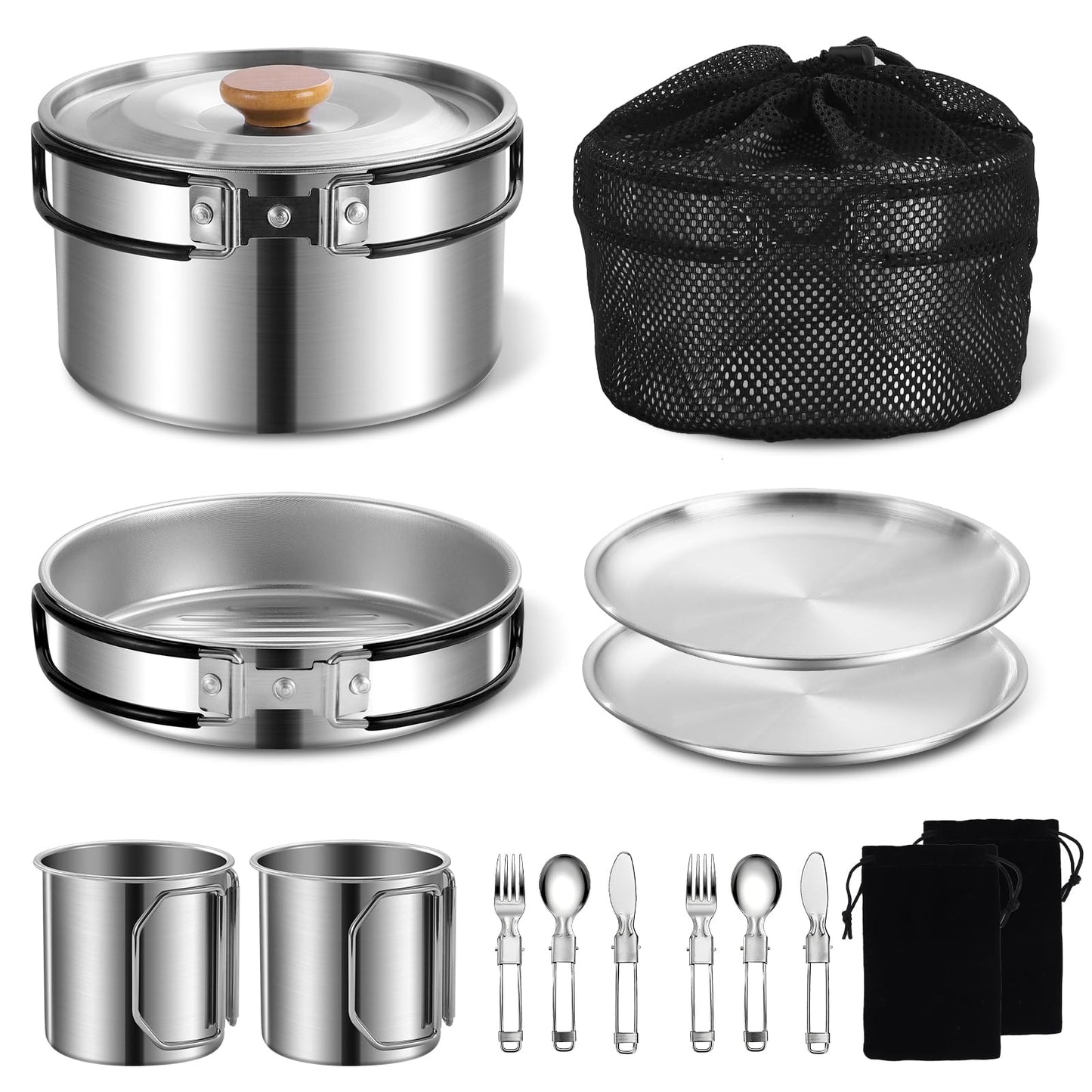 13Pcs Outdoor Camping Cookware Set, Lightweight Pot Pan with Stainless Steel Fork Spoon Kits、Cups and Plate, Perfect for Camping Trips and Climbing