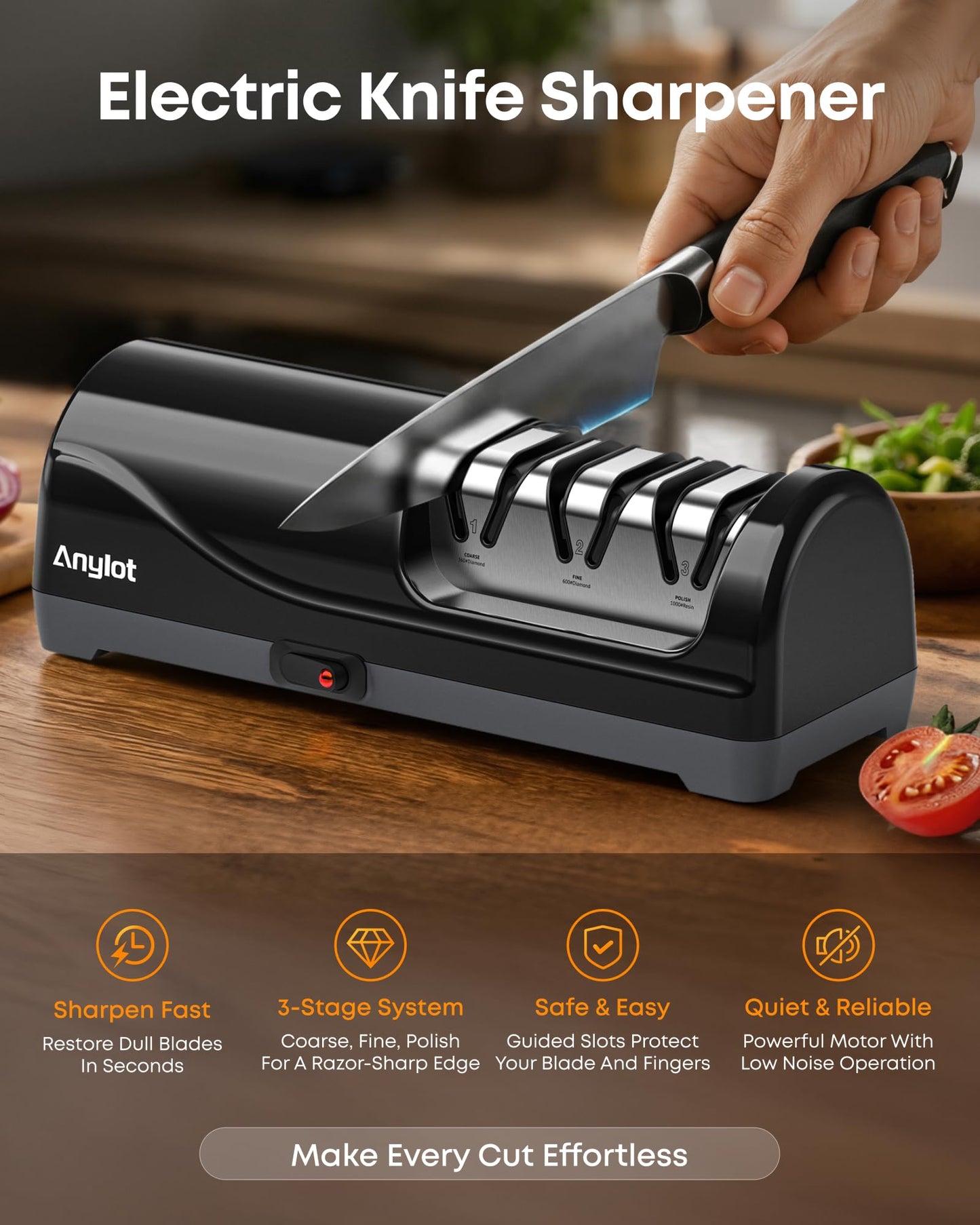Electric Knife Sharpener for Kitchen, 3-Stage Knife Sharpener Electric with 100% Diamond Abrasives, 20° Precision Angle Guide, Fast & Safe Sharpening for Chef Knives, Home Use & Beginners (Black)