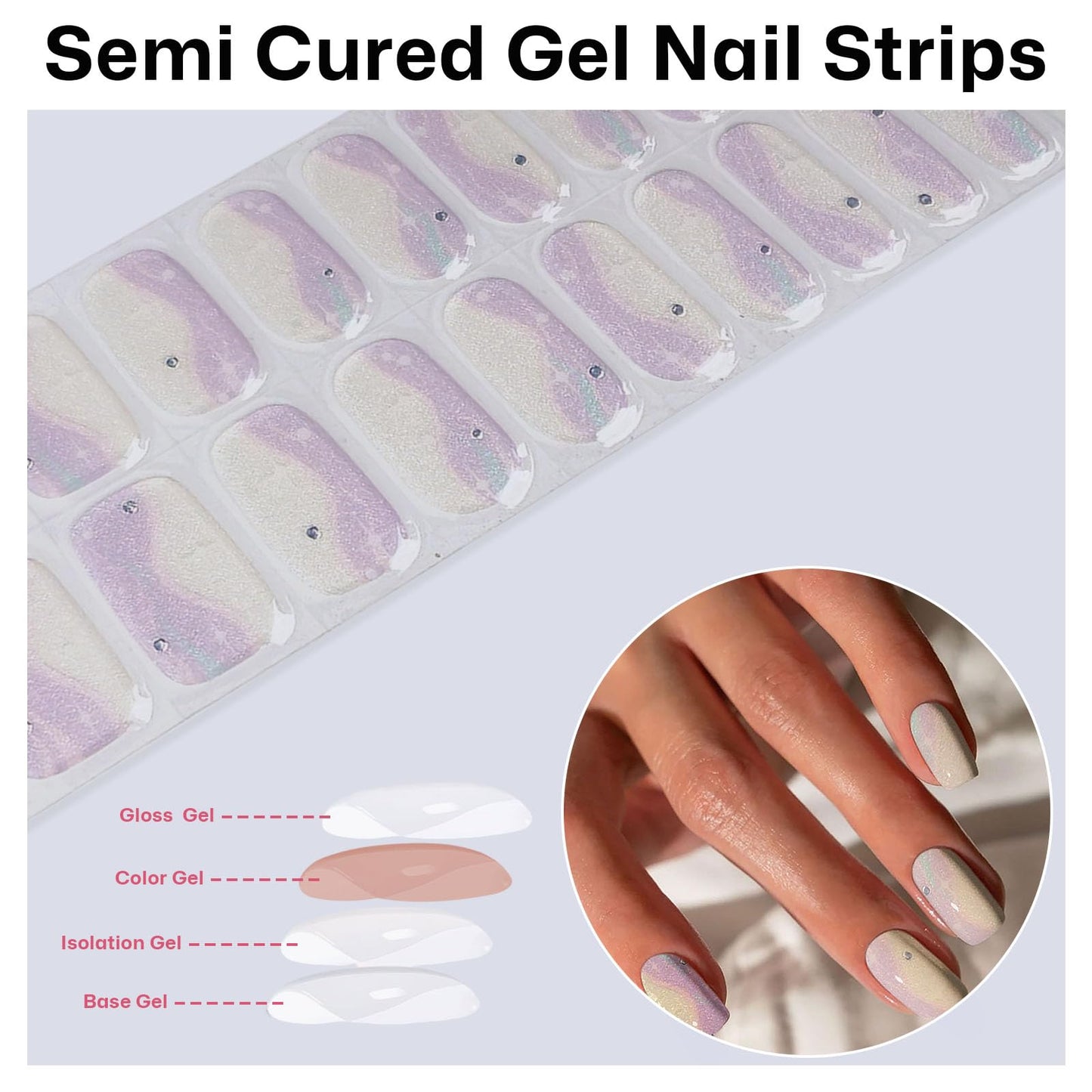 Semi Cured Gel Nail Strips with Purple and white Glitter Designs Gel nail stickers Glossy Nail strips Salon Quality & Easy to Use 20 Pcs for Women
