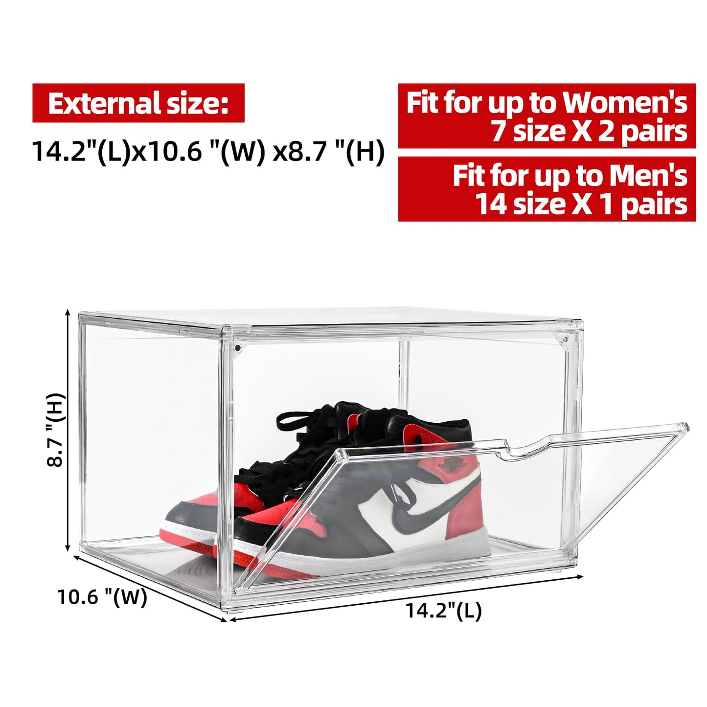 Uni HIMO Clear Shoe Organizer,Stackable Shoe Display Case,Shoe Box Storage Bins with Magnetic Door,Fit Shoe Size Up to US 14 (X-Large-2Pack)