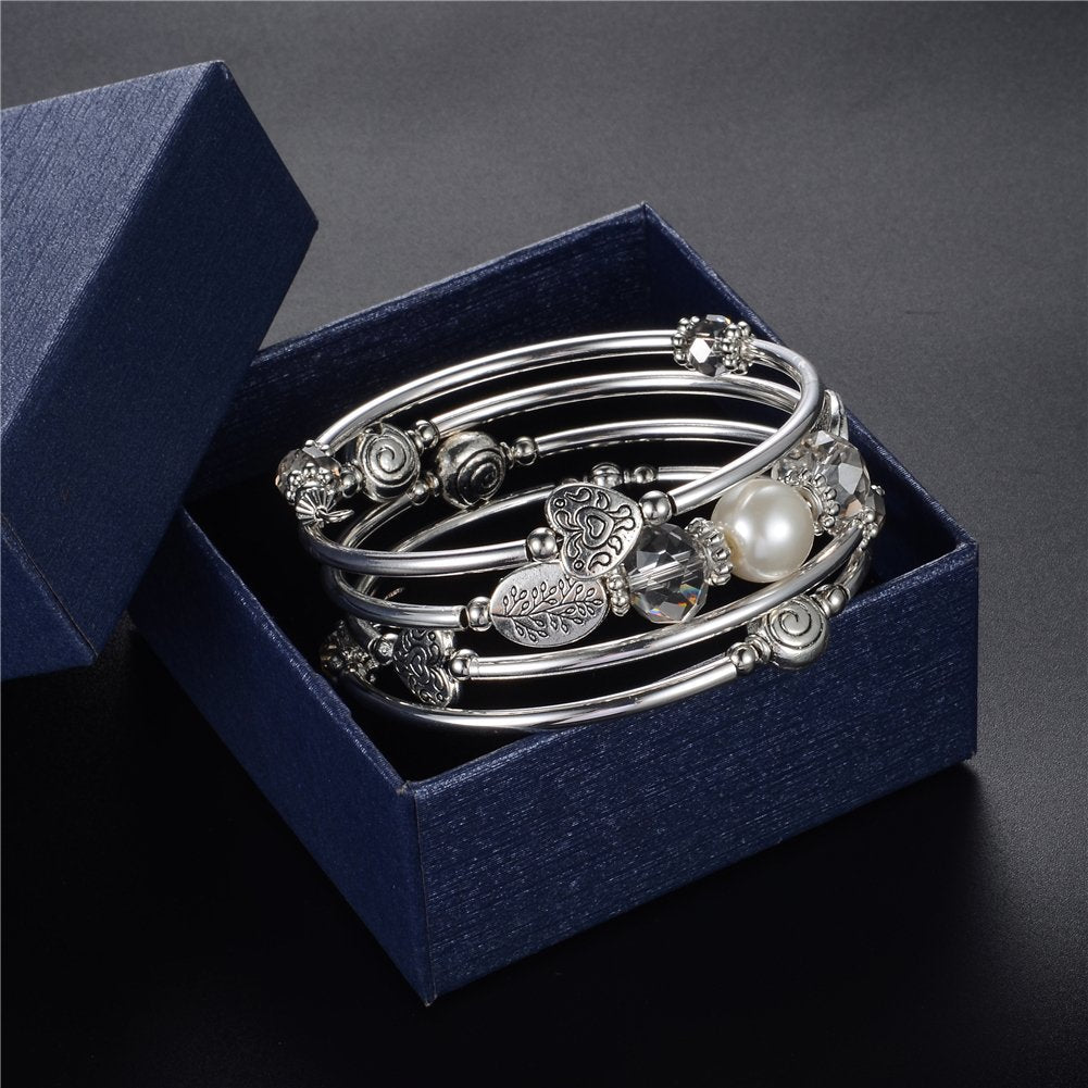 PEARL&CLUB Bead Crystal Wrap Bangle Bracelet - Fashion Jewelry Beaded Bracelet with Silver Metal, Gifts for Women(92-Grey)