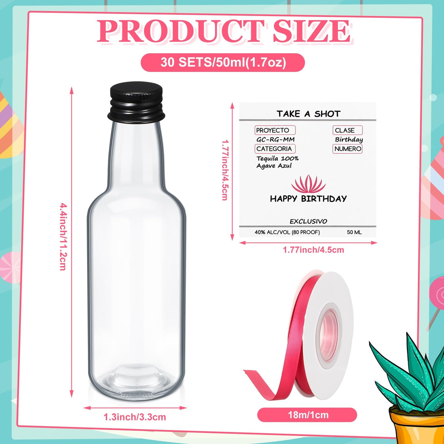 Jingmore 30 Pack 1.7oz Mini Liquor Bottles 50ml Plastic Alcohol Bottle with Cap, Labels, Ribbon for Party Supplies(Birthday,Hotpink)