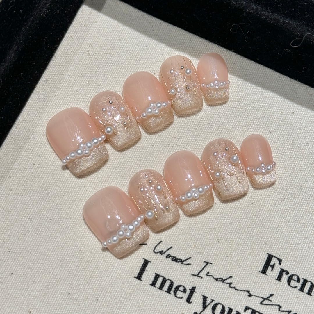 10pcs Short Square Handmade Press On Nails | Elegant Pearl Accent Nude Pink with Glitter Tips,New styles | Skip Salon Trips, Easy to Apply & Remove, Reusable (251104, XS)
