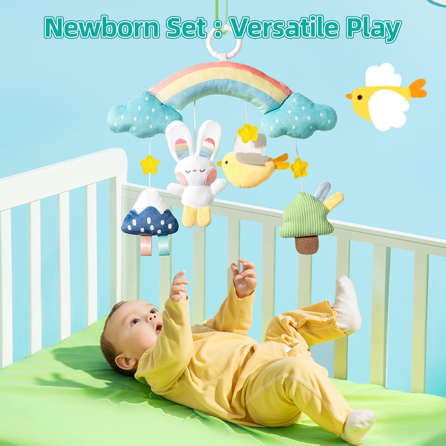 auby Cozy Bunny Newborn Gift Set - 6-in-1 Baby Soothing Essentials with Teethers, Plush Blanket & Hanging Toys for Crib,Stroller,Sensory Development,Machine Washable