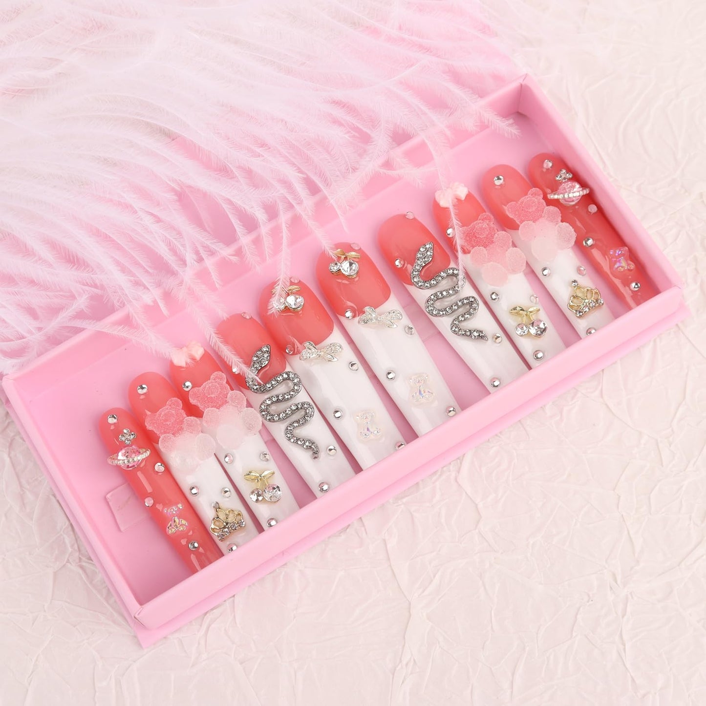Handmade Long Acrylic Nail Tips, Pink Press on Nails with Full Covered Crystals, Fake Luxury Diamond Nails, Long Square False Nails, Gifts for Women, Reusable Stick On Nails 10Pcs,Light pink Size L