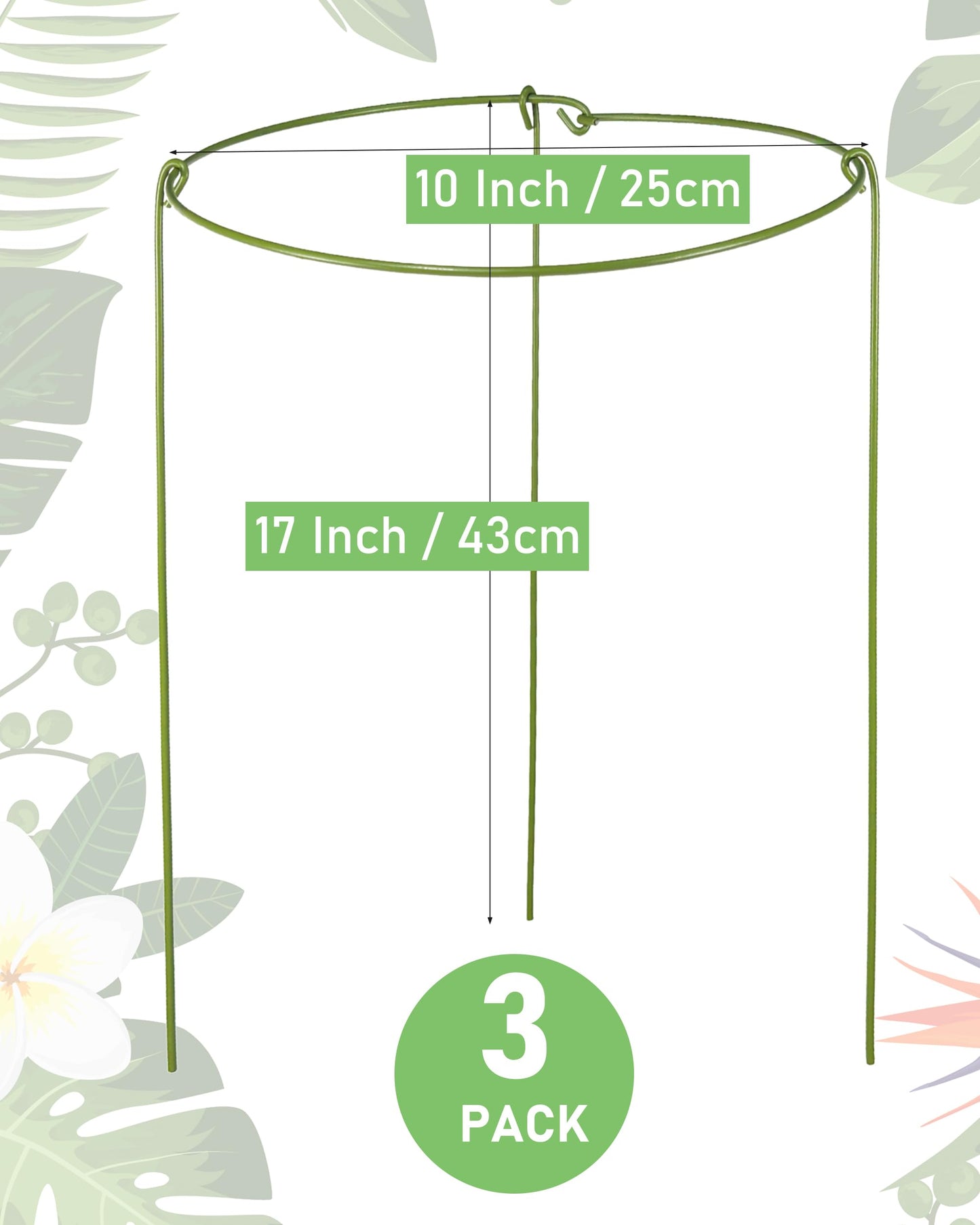 3 Pack Plant Support Stakes, Adjustable Plant Ring Cages with Green Rubber Wrapping, Ideal for Orchids, Indoor and Outdoor Potted Plants, 10" Wide x 17" High