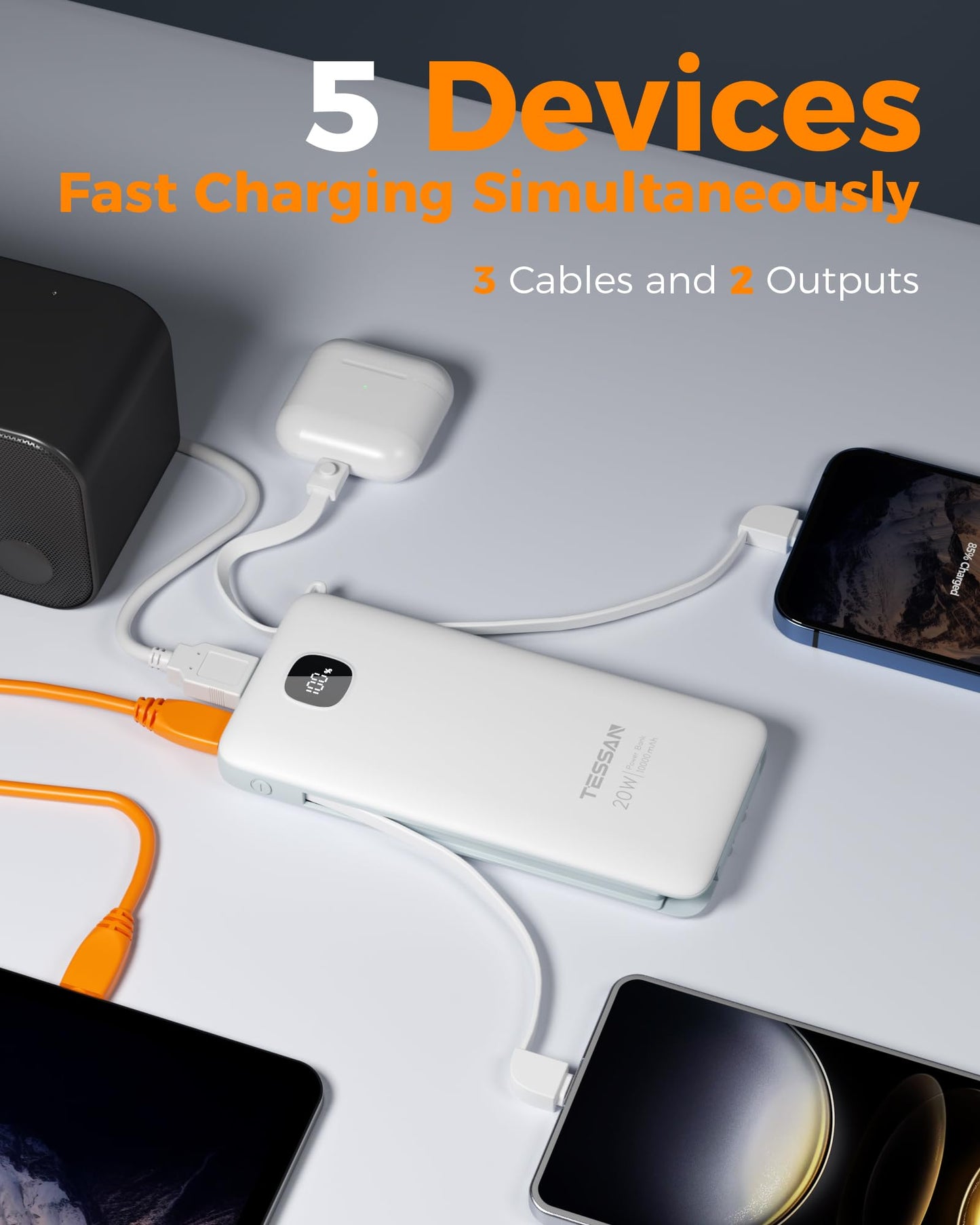 Portable Charger with Built in Cables,TESSAN 10000mAh Power Bank Fast Charging with Foldable Wall Plug Charger, PD20W Compact Battery Pack Travel Essentials for iPhone 17/16/15 Series,Samsung,Tablets