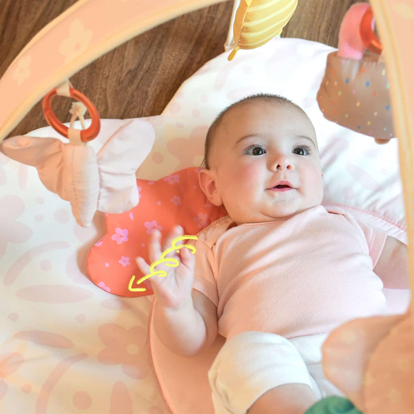 Baby Play Gym & Activity Mat with Light-up Musical Arch, Washable Tummy Time Mat with 6 Detachable Sensory Toys for Motor Skills, Baby Essentials Shower Gift - Updated Spring Blossoms Themed