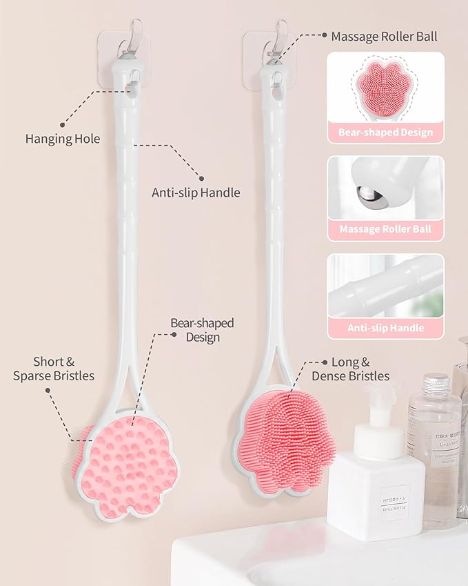 Manmihealth 15.7" Cute Back Scrubber & Soft Silicone Shower Brush Face Scrubber Set (3 PCS), Paw-Shaped Silicone Back Brush & Body Facial Scrubber with Super-Soft Bristles Combination(PinkSet)
