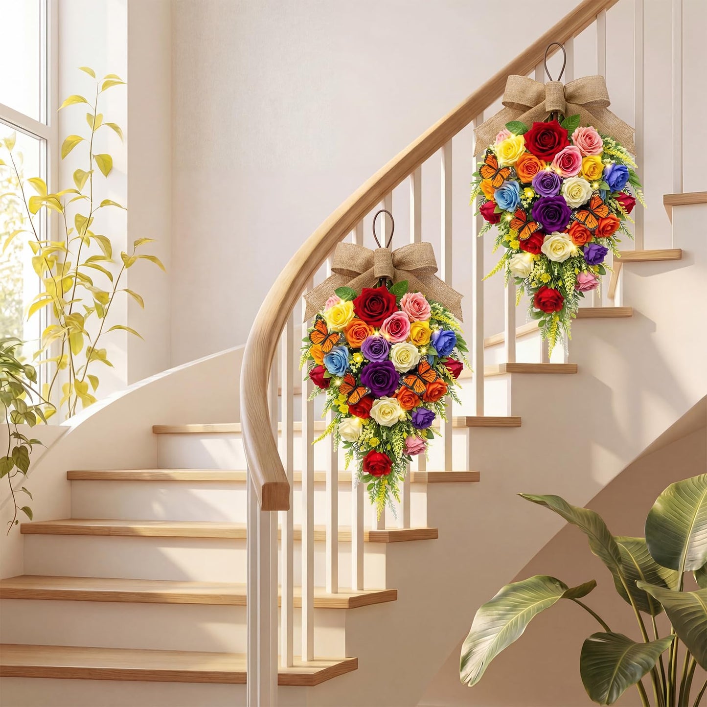 Norme 2 Pack Spring Teardrop Swag Pre-Lit, 23.6" Artificial Rose Teardrop Wreath for Front Door with Burlap Bow Butterflies for Porch Wall Window Stair