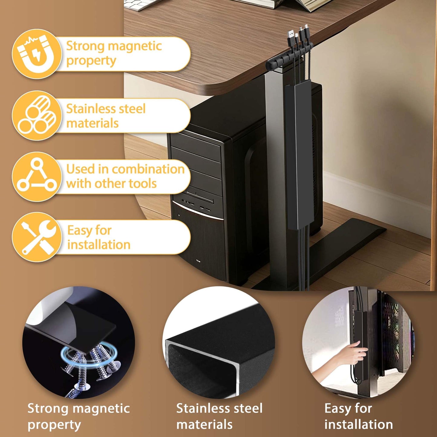 2 Pack Steel Magnetic 14-Inch Cable Management Channels for Under Desk Leg, No Drill Cord Organizer Cover & Wire Hider Cover with Adhesive Cable Tie, Cable Organizer Kit for Home Office & Gaming Desk