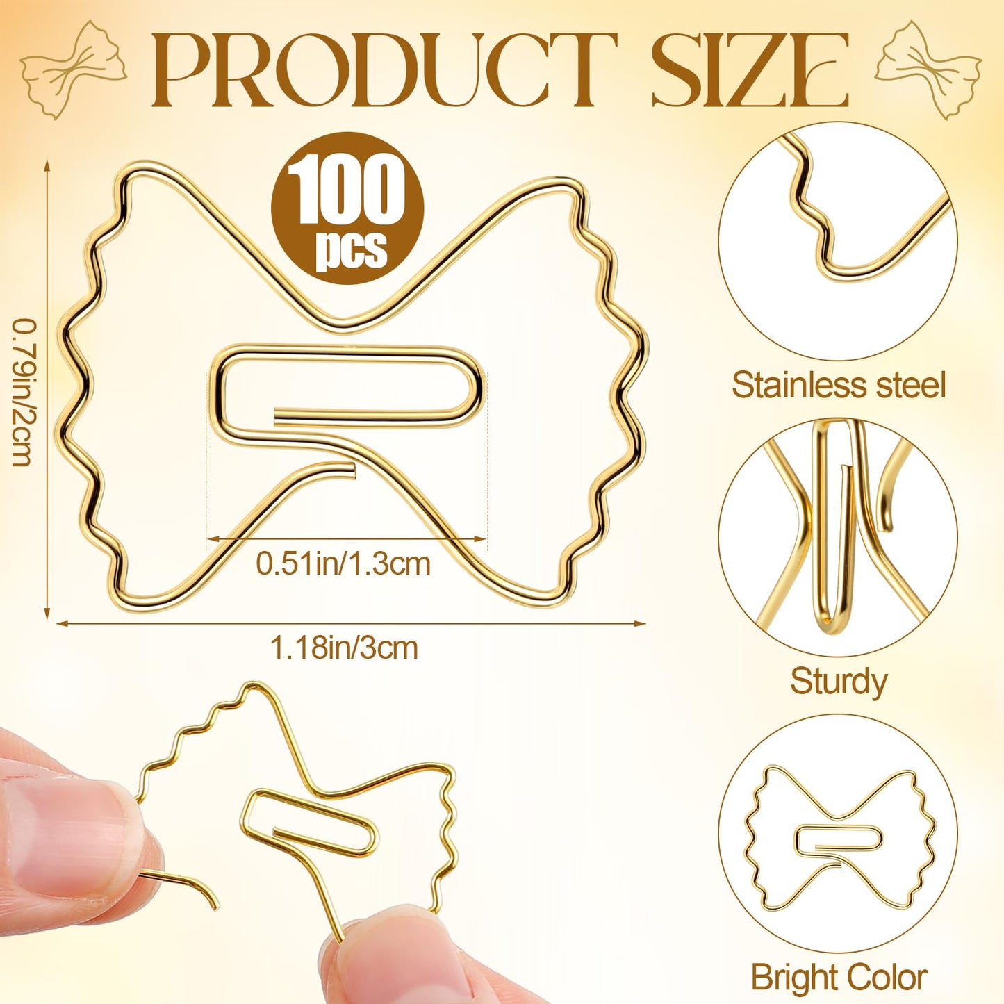 Jetec 100 Pcs Pasta Paper Clip Mini Bow Shaped Stainless Steel Cute Bowknot Paperclips Gold Metal Fancy Decorative Bookmark Bulk for Office Stationery School Document Note Sorting Wedding Baby Shower