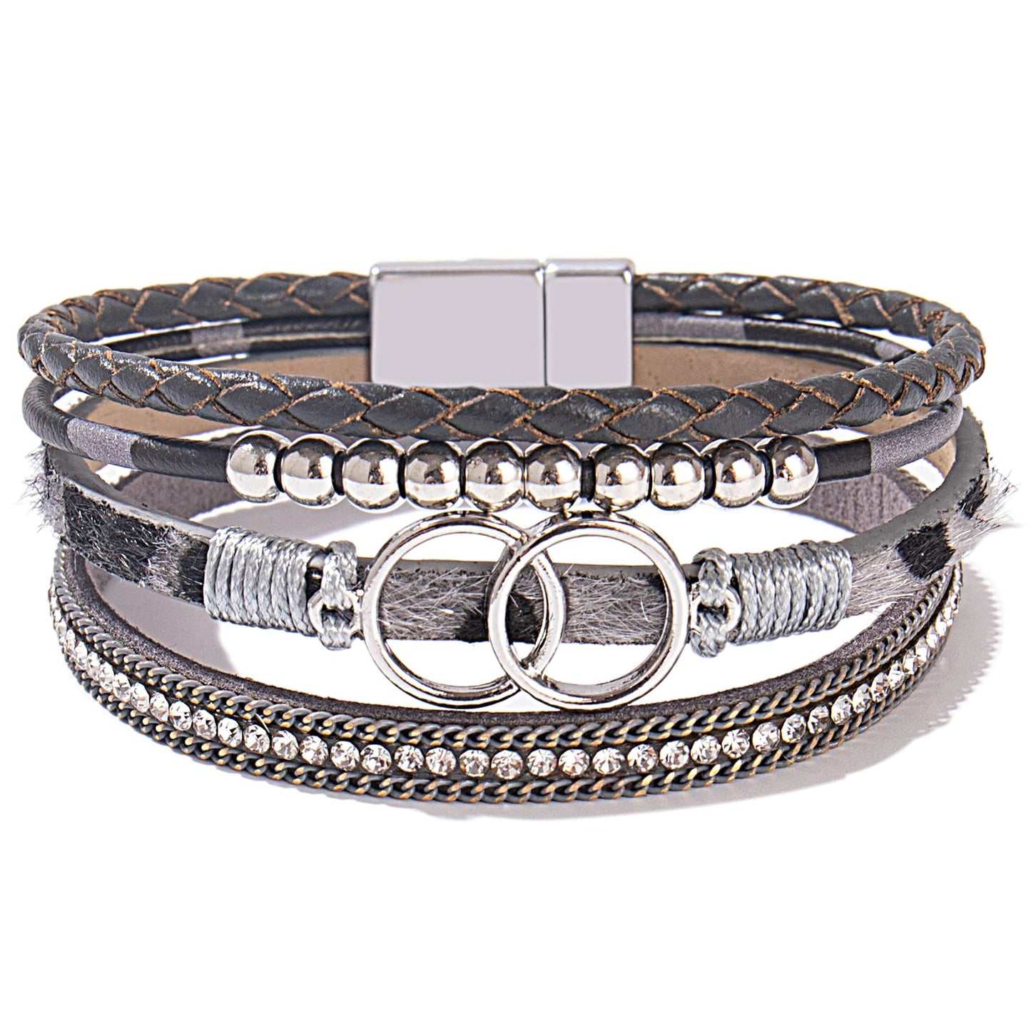 FANCY SHINY Boho Leather Wrap Bracelet Stackable Beaded Infinity Chunky Cuff Bracelets with Magnetic Clasp Western Hippie Outfits Jewelry Gifts for Women(Grey Leopard)