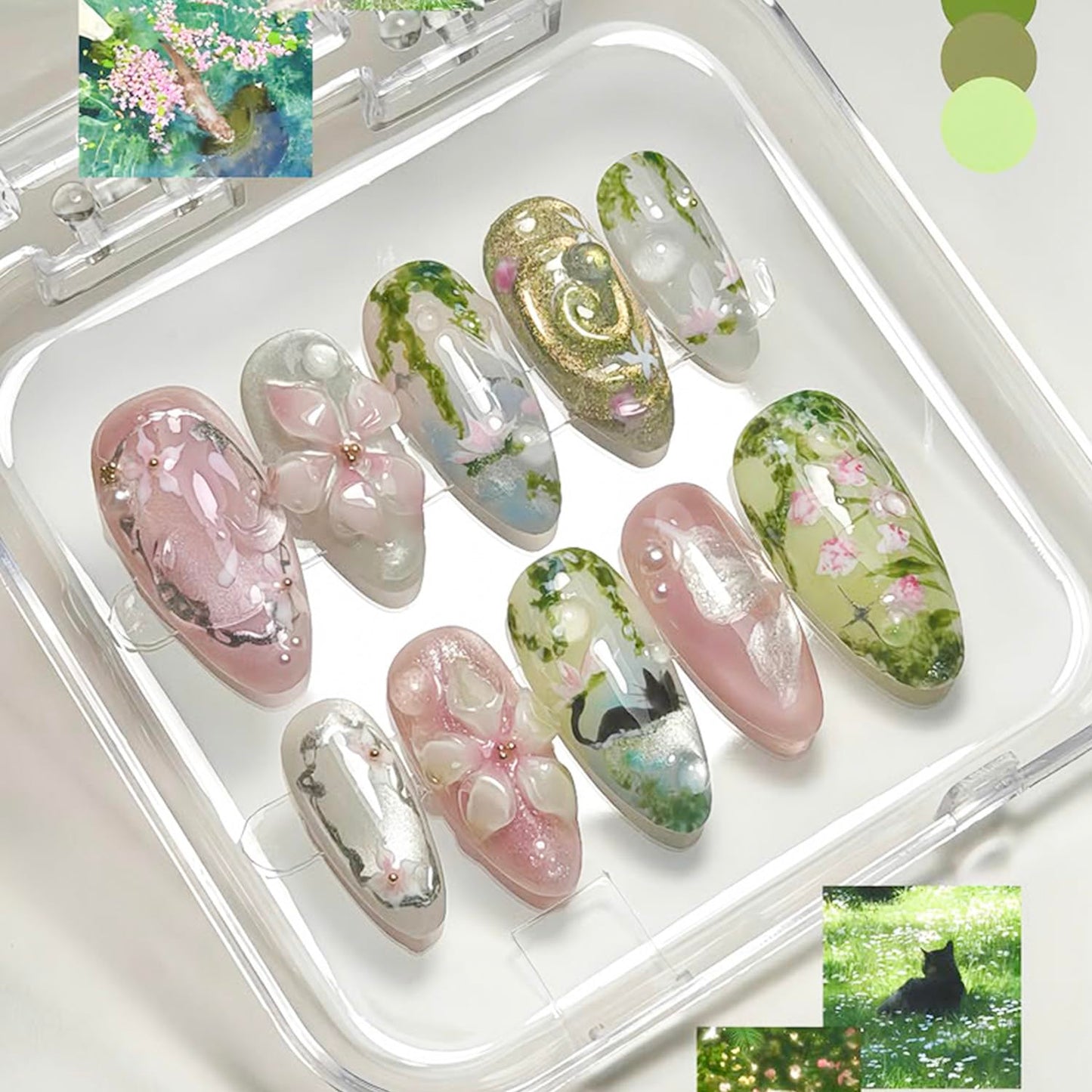 24Pcs Spring Flower Press on Nails Medium Almond Fake Nails 3D Green Leaves with Pink Floral Glossy Design Full Cover Reusable Artificial Cute Cat False Nails Stick on Nails for Women Acrylic