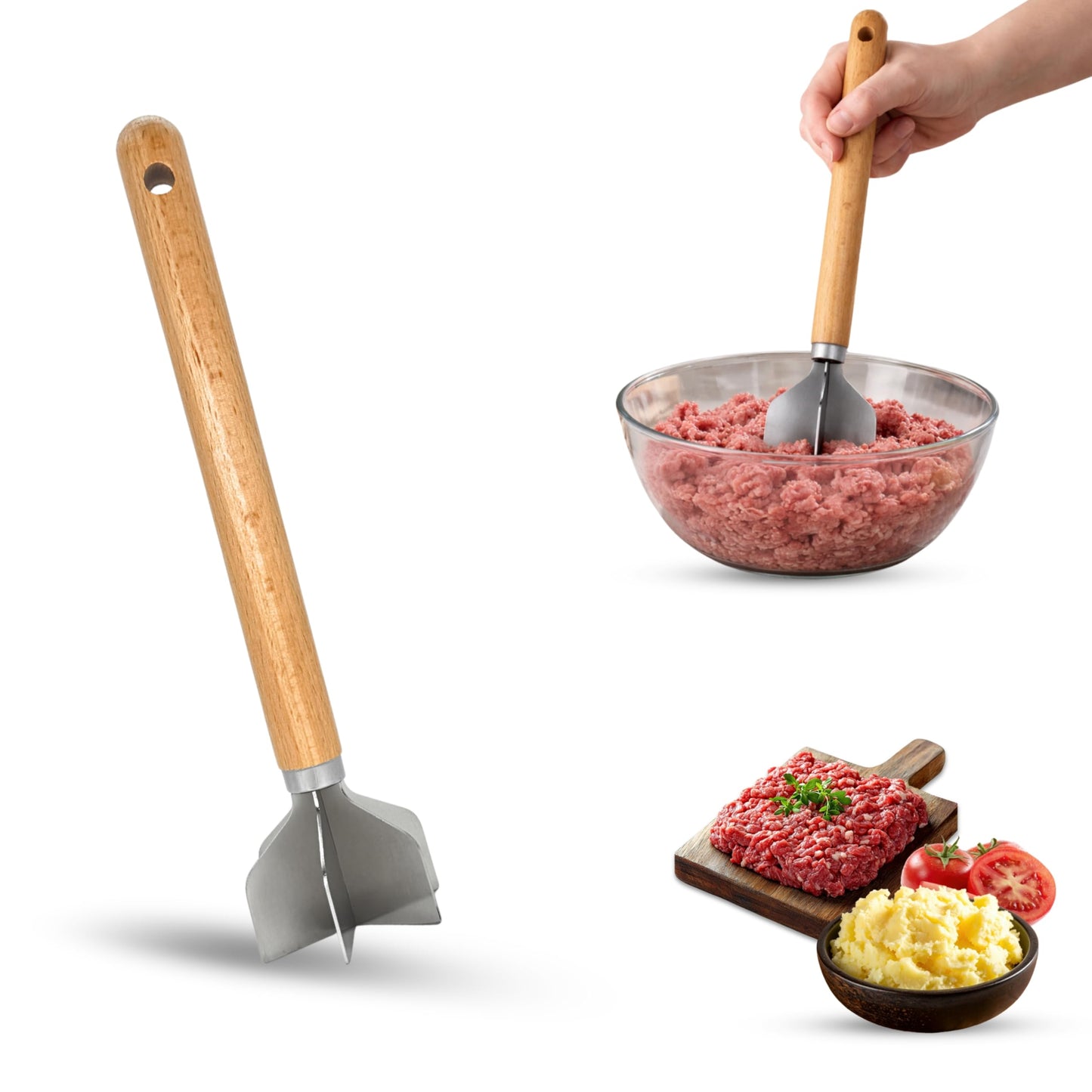 11" Stainless Steel Meat Chopper with Wooden Handle, Heavy Duty 6-Blade Ground Beef & Potato Masher, Heat Resistant Kitchen Tool for Nonstick Cookware