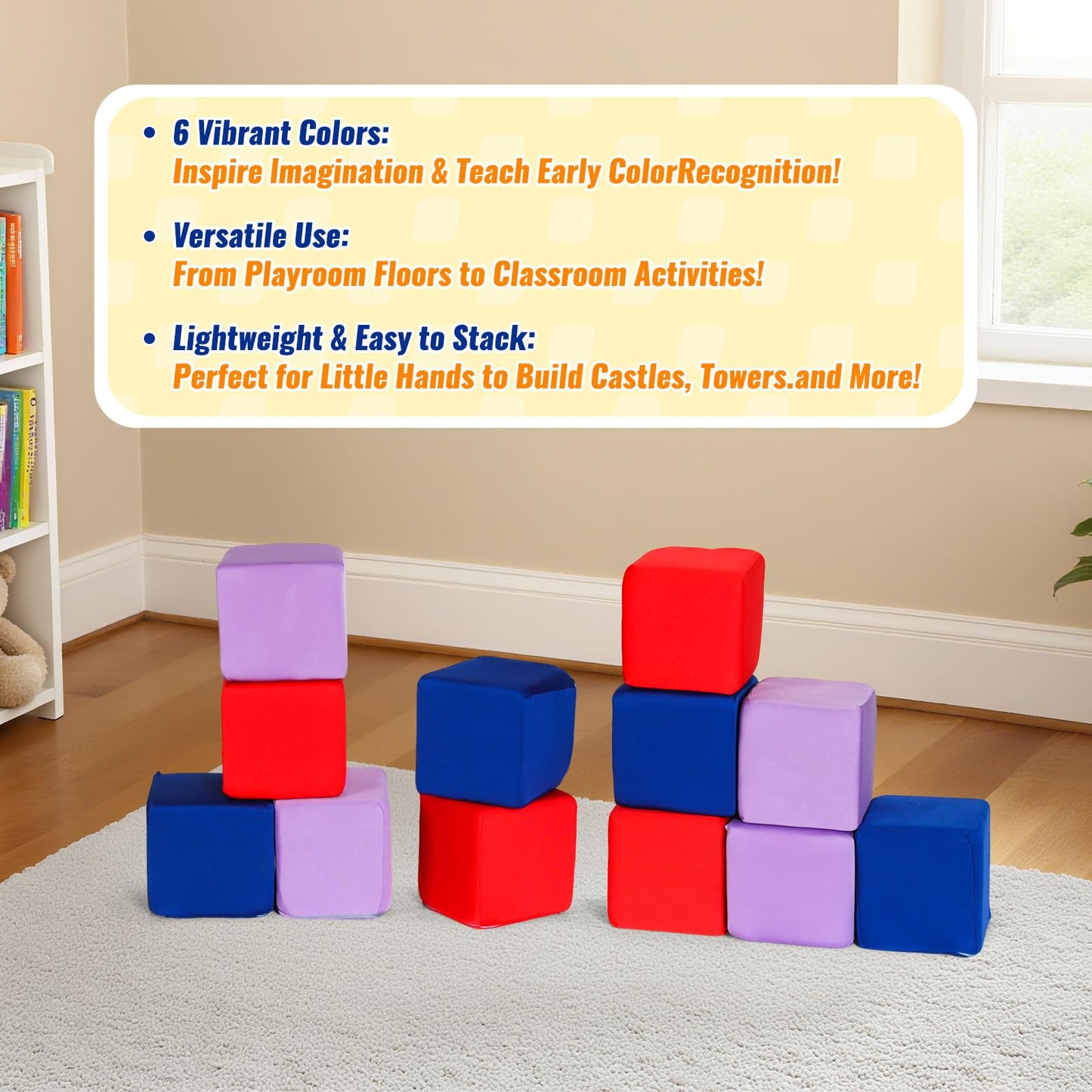 COZYTRAUM 12-Pack 5 Inch Foam Cubes, Soft Play Pit Fillers for Indoor Games, Trampoline & Rock Climbing Mats - 3 Colors (Blue/Red/Purple)...