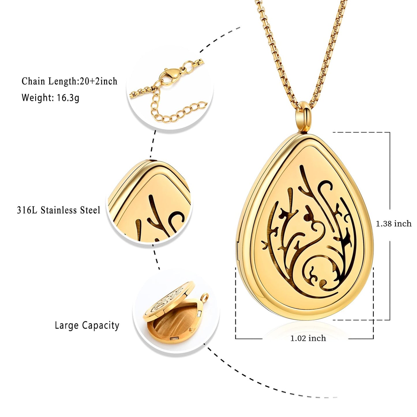 mingkejw Teardrop Essential Oil Diffuser Necklace Aromatherapy Pendant Locket Jewelry Stainless Steel Perfume Necklace| 22’’ Adjustable Chain| 12 Refill Pads| Gift Box