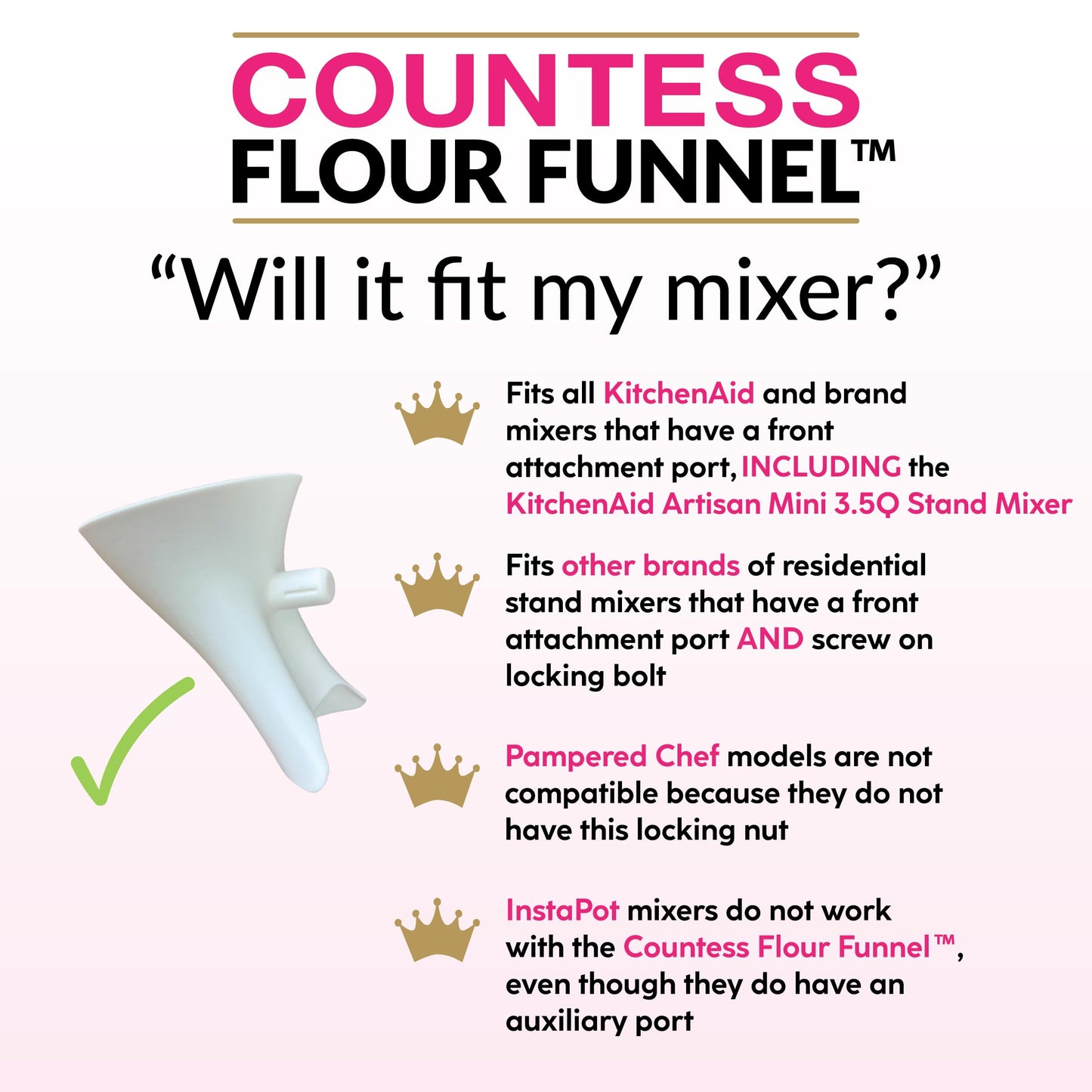 Countess Flour Funnel™ - Stand Mixer Attachment by The Cookie Countess (White)