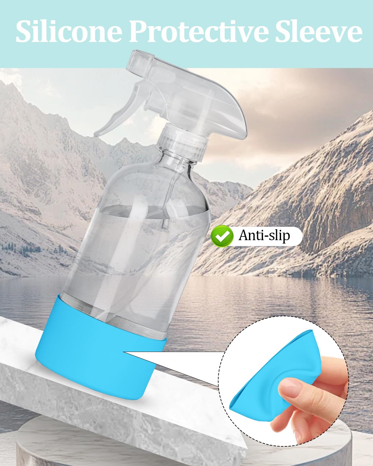TERESRY 2 Pack 360° Glass Spray Bottles with Silicone Sleeve, 16 oz Empty Refillable Containers with Adjustable Spray Nozzles, Spray Bottles for Hair, Cleaning Solutions and Plants Grey&Blue