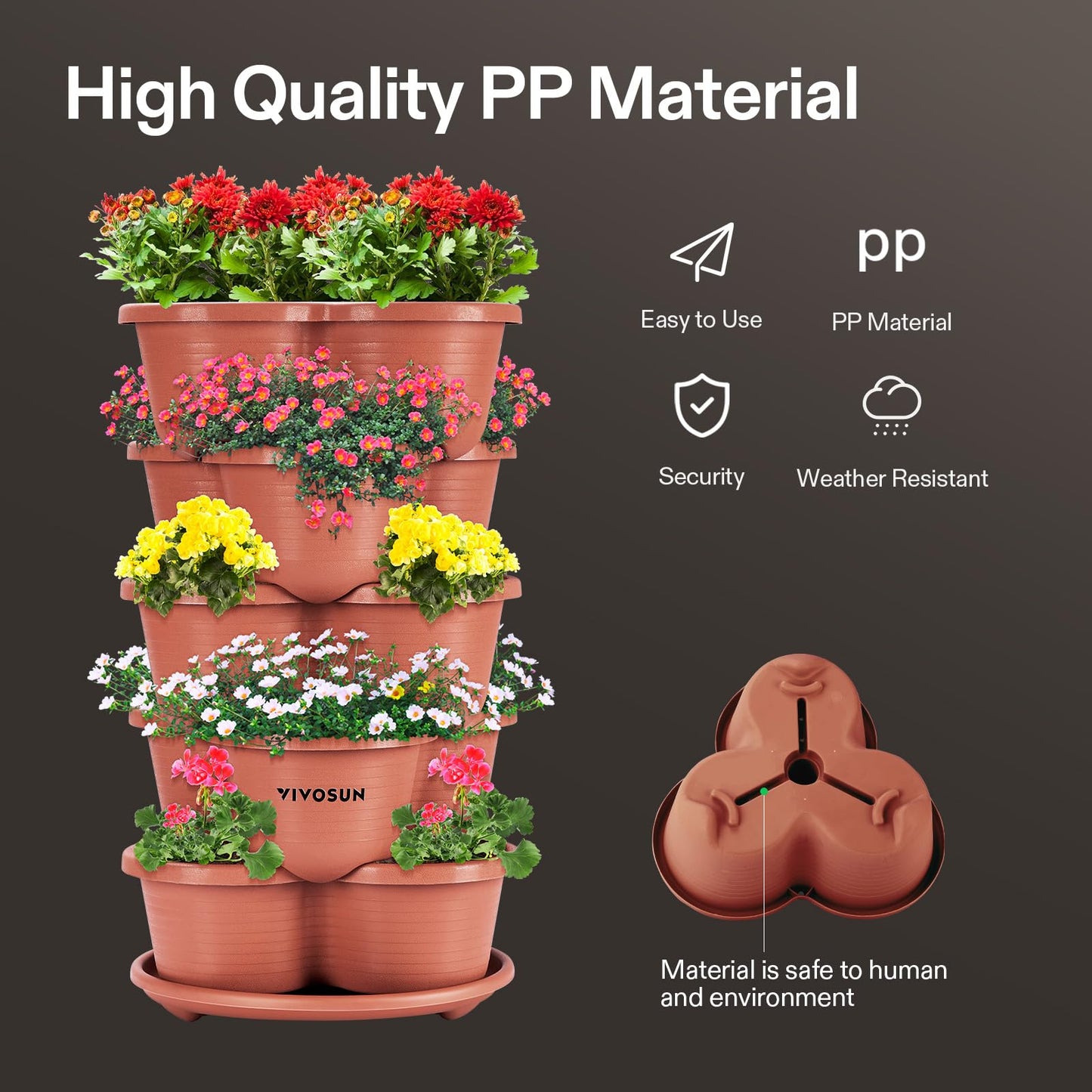 VIVOSUN 5 Tier Vertical Gardening Stackable Planter for Strawberries, Flowers, Herbs, Vegetables, Brown