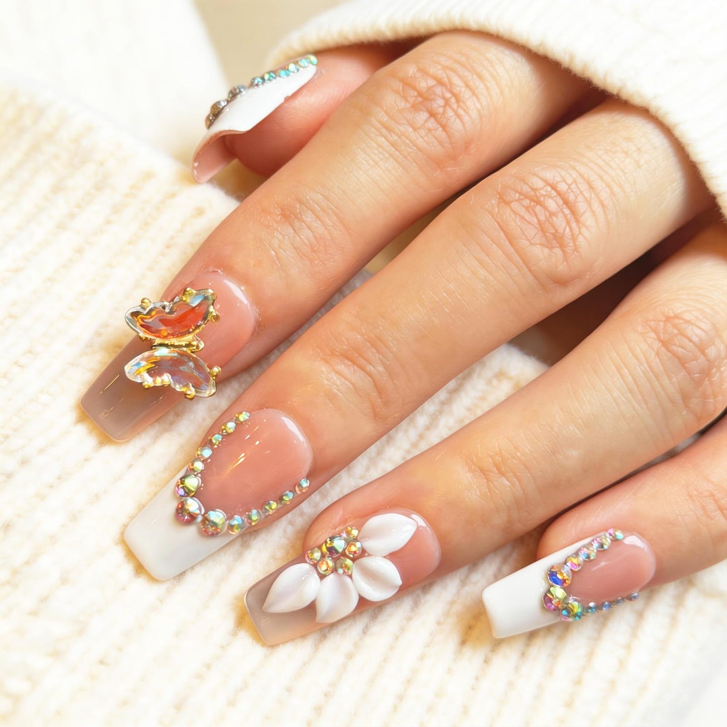 Handmade Press On Nails, 3D Flower & Butterfly White French Tip Fake Nails with Rhinestones, Reusable Acrylic False Nails Medium Length Square Press on Nails(M-10Pcs)