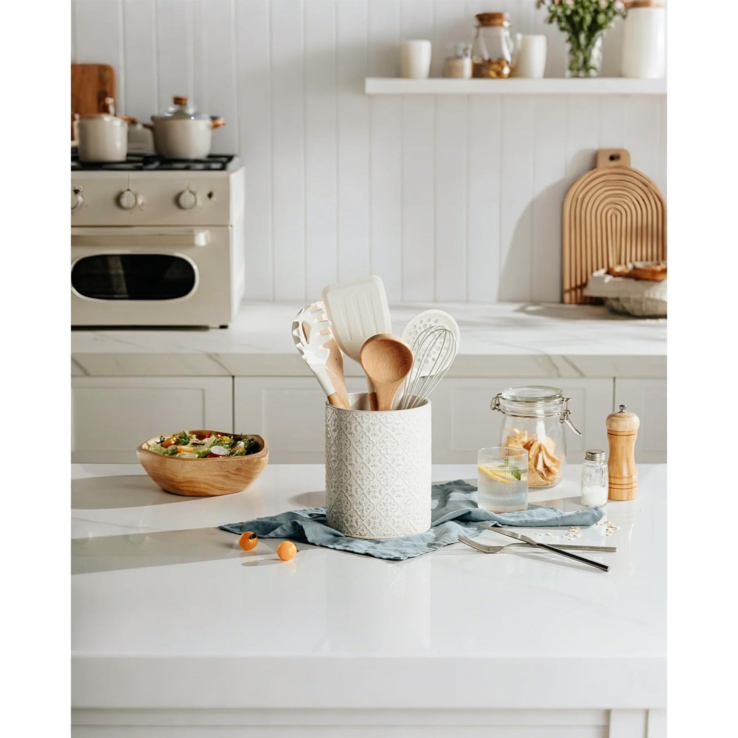 MIKIGEY Kitchen Utensil Holder, 6x7 inch Large Ceramic Utensil Holder with Embossed Pattern, Cooking Utensil Crocks for Kitchen Countertop, Home Decor, Off-White