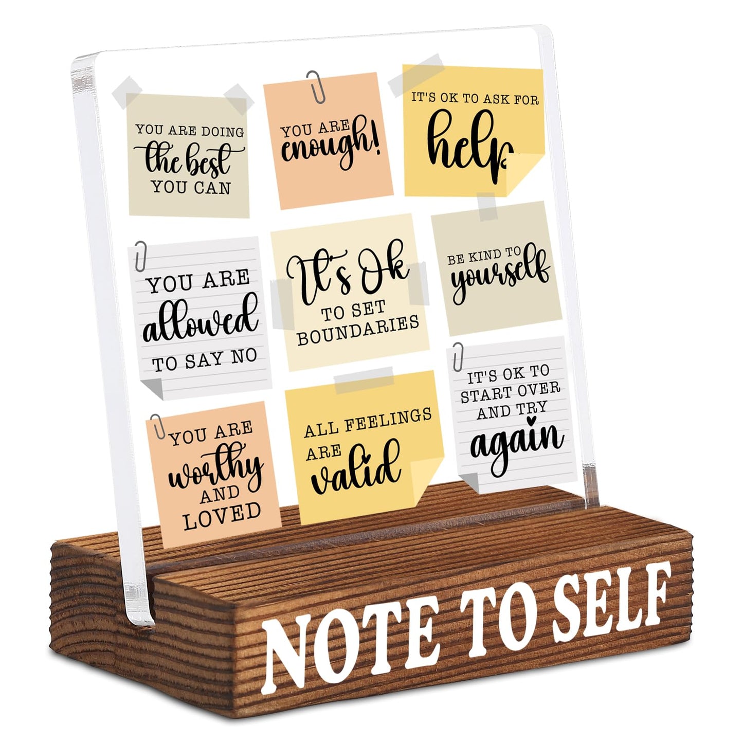 Inspirational Desk Decor with Positive Self Reminder Notes, Acrylic Encouragement Sign with Rustic Wood Base, Motivational Office Desk Gift for Coworker Friend SNOTE11