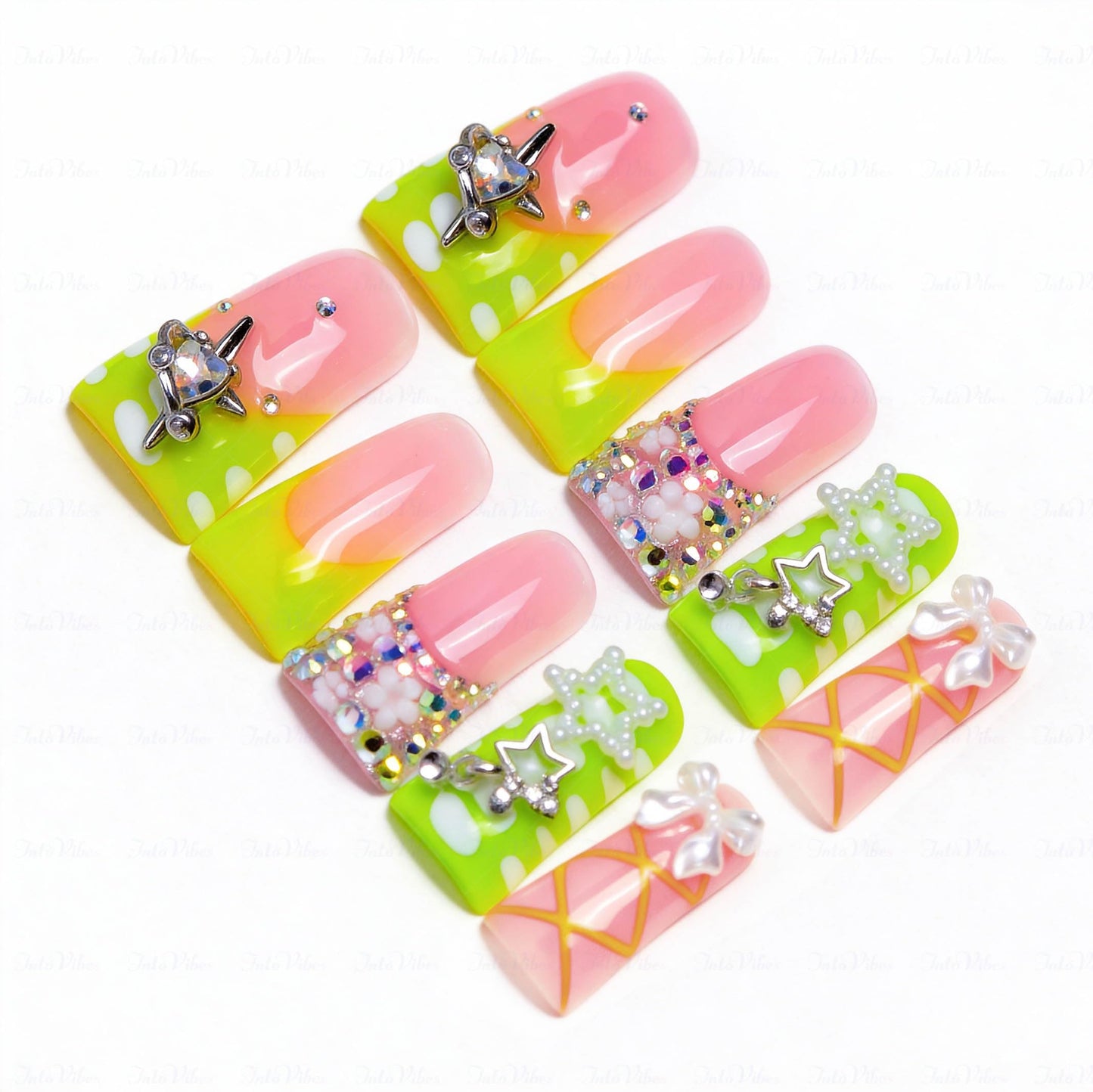 IntoVibes 10 Pieces Luxury Acrylic Press On Nails Long Handmade Duck Nails, Green Thickened False French Nails, With 3D Bowknot And Stars, Reusable Fake Nails, Acrylic Nails (L)