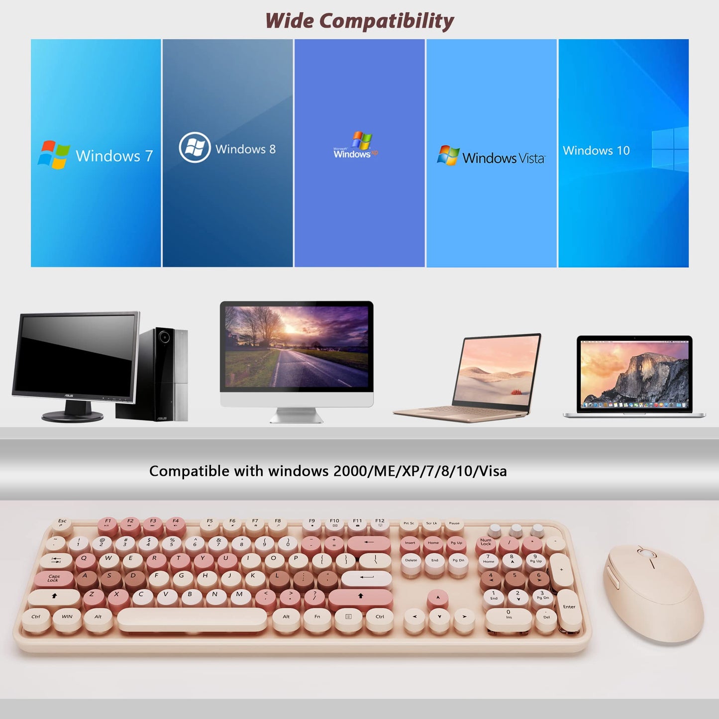 KOOTOP Wireless Keyboard and Mouse, Cute Keyboard and Mouse Combo with Retro Round Keycap, 2.4G Connectivity for PC, Mac, Laptop, Computer Windows (Milk Tea)