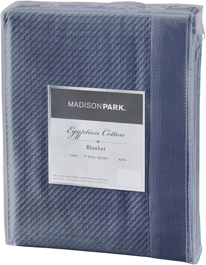 Madison Park Soft Certified 100% Egyptian Cotton Breathable Cozy Blanket, Premium Waffle Knit Classic Design, Luxury All Season Lightweight Cover for Bed, Couch and Sofa, Blue King(108"x90")