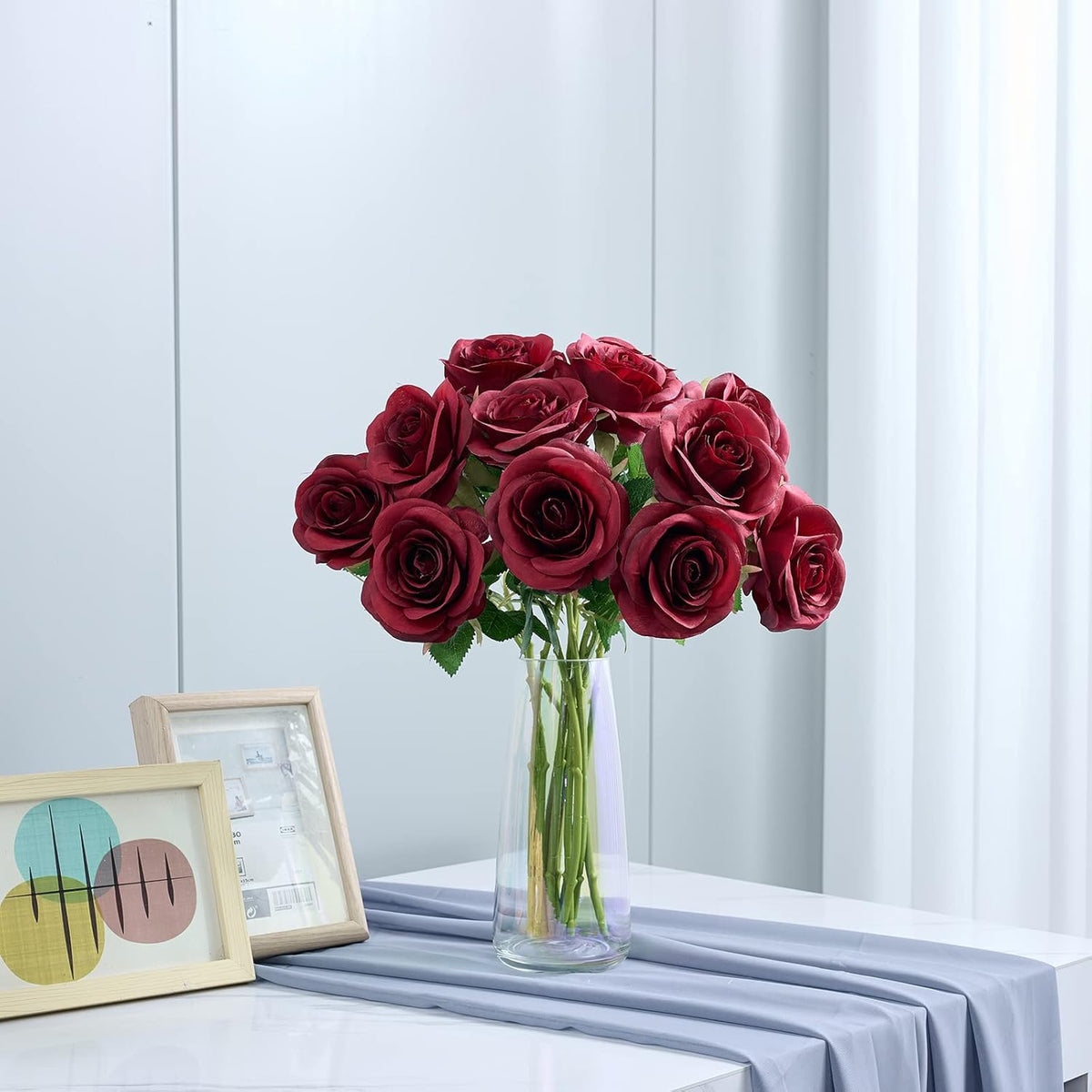 12pcs Roses Artificial Flowers Fake Roses Burgundy Silk Roses Wine Red Silk Flowers Rose with Long Stems for Wedding Home Party Centerpieces Decorations