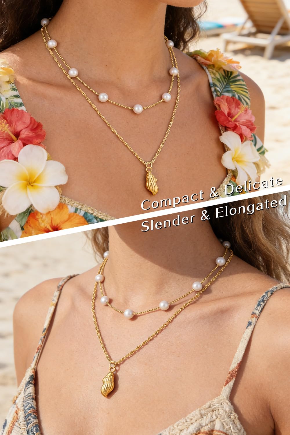 Beach Layered Starfish Necklace for Women, 14K Gold Plated Shell Conch Seashell & Pearl Charm Pendant, Dainty Coastal Summer Vacation Jewelry