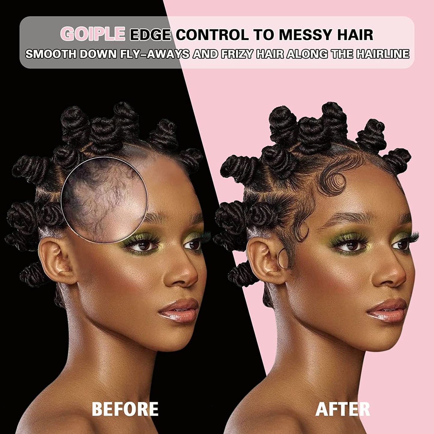 Goiple Edge Control Wax for Women Strong Hold Non-greasy Edge Smoother Strawberry Scent (4oz Edge Control Wax + Edge Brushes*2 + Pink Elastic Bands*2)
