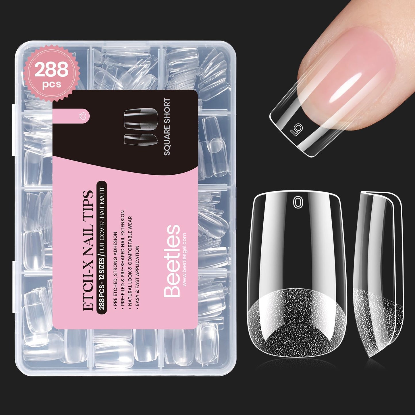 Beetles Gel Nail Tips Square Short, 288Pcs 12 Sizes Pre-Etched Half Matte Full Cover Soft Acrylic False Nail Tips Easy DIY Glue On Etch-X Nail Extension Salon Gift for Women Girls