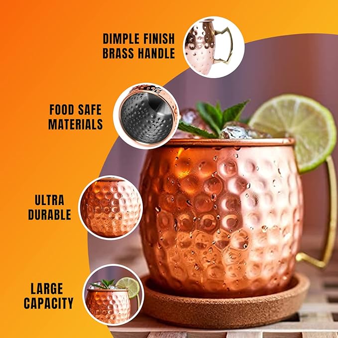 Artisan's Anvil Moscow Mule Mugs with Straws, Comfortable Brass Handle, Stainless Steel Made, Original Hammered Shape, Copper Plated, Set of 4