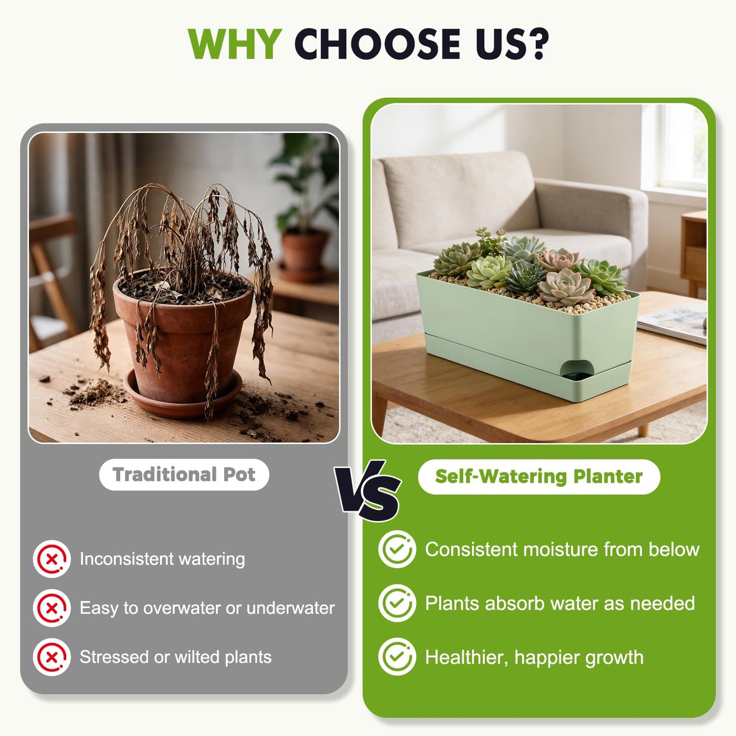 2 Pack Self Watering Pots for Indoor Plants 17 Inches Window Boxes Planters Rectangular Flower Pots Rectangle Herb Pots Large Plant Pots with Drainage Holes and Saucers Windowsill Planter, Green